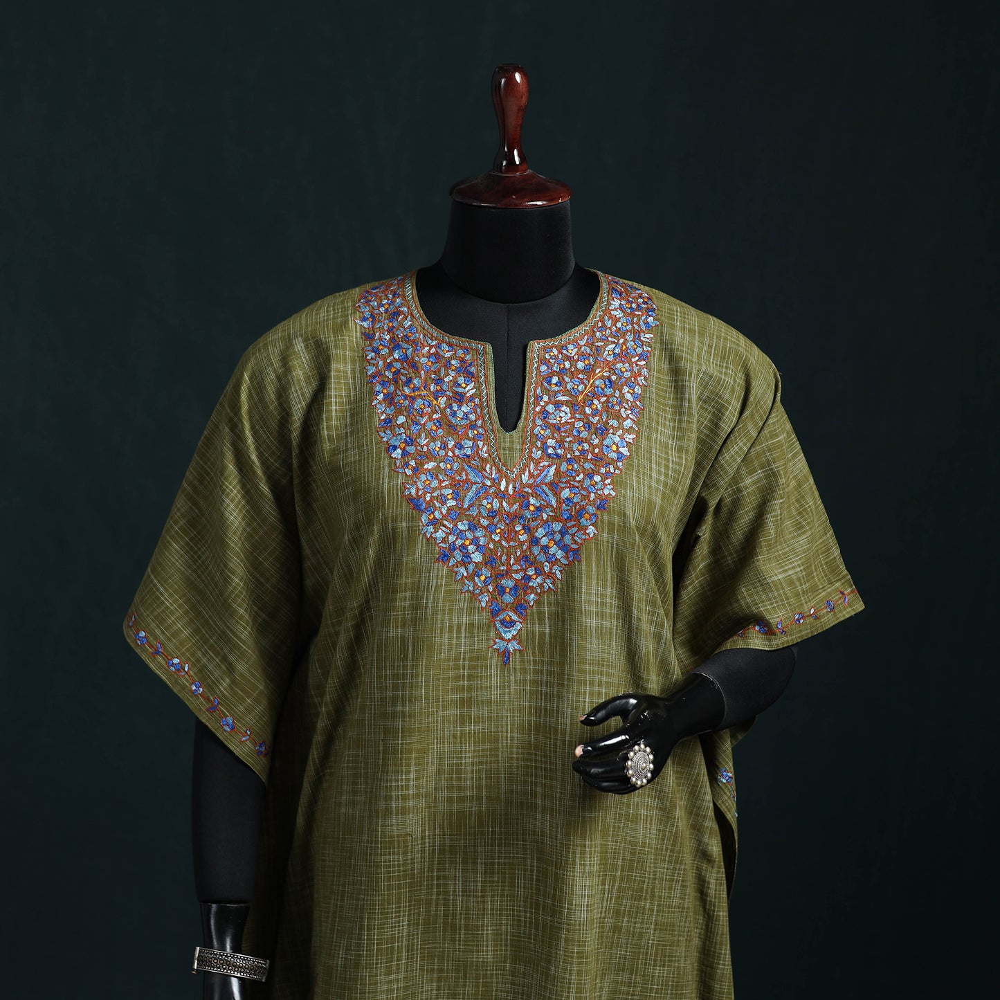 Green - Kashmiri Kashida Hand Embroidered Cotton Kaftan (Medium) 09