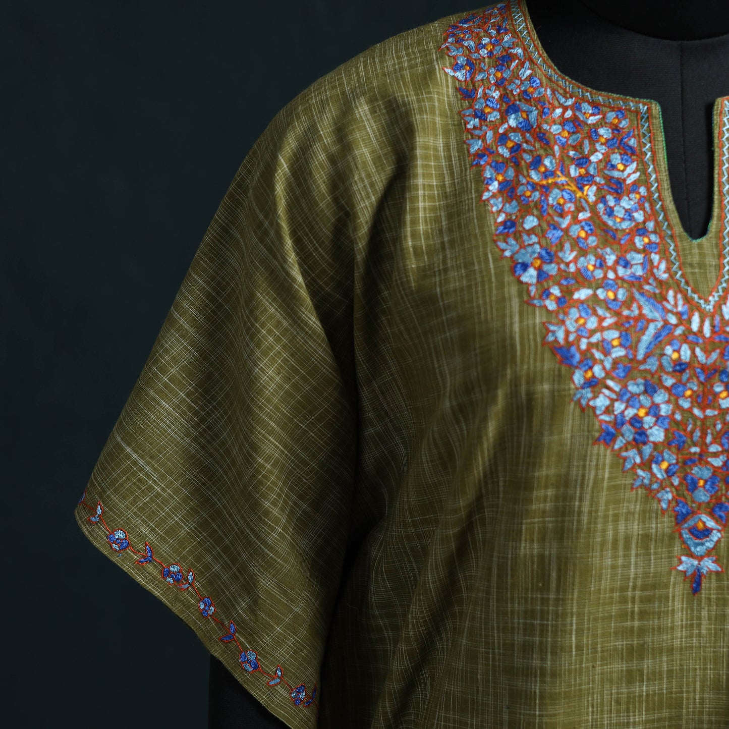 Green - Kashmiri Kashida Hand Embroidered Cotton Kaftan (Medium) 09