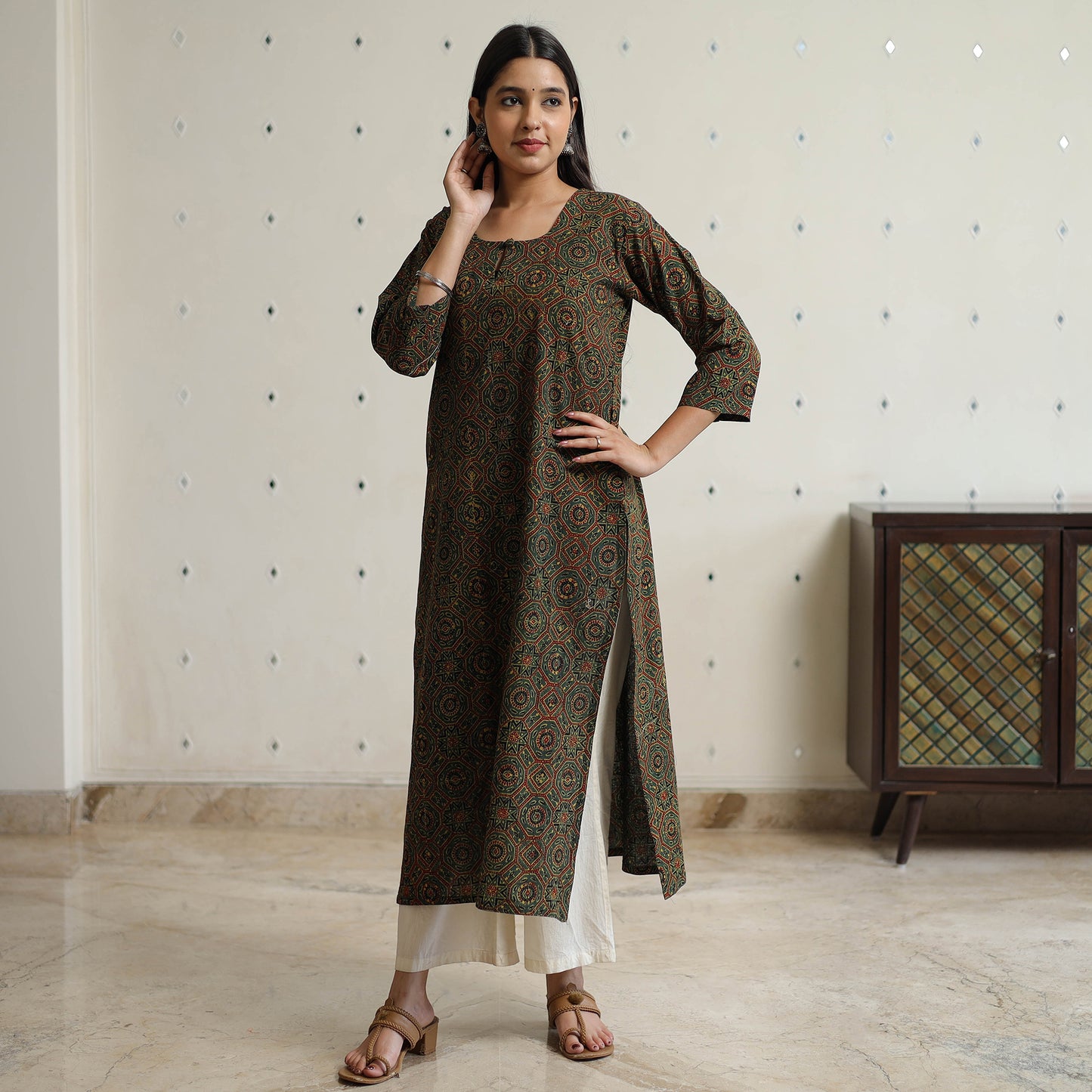 Buy Green Ajrakh Block Printed Cotton Long Kurta for Women
