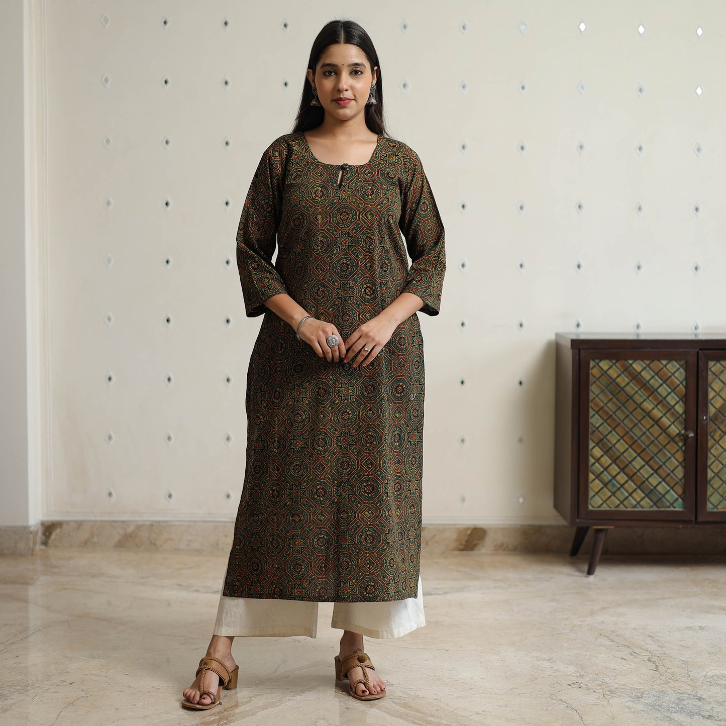 Buy Green Ajrakh Block Printed Cotton Long Kurta for Women