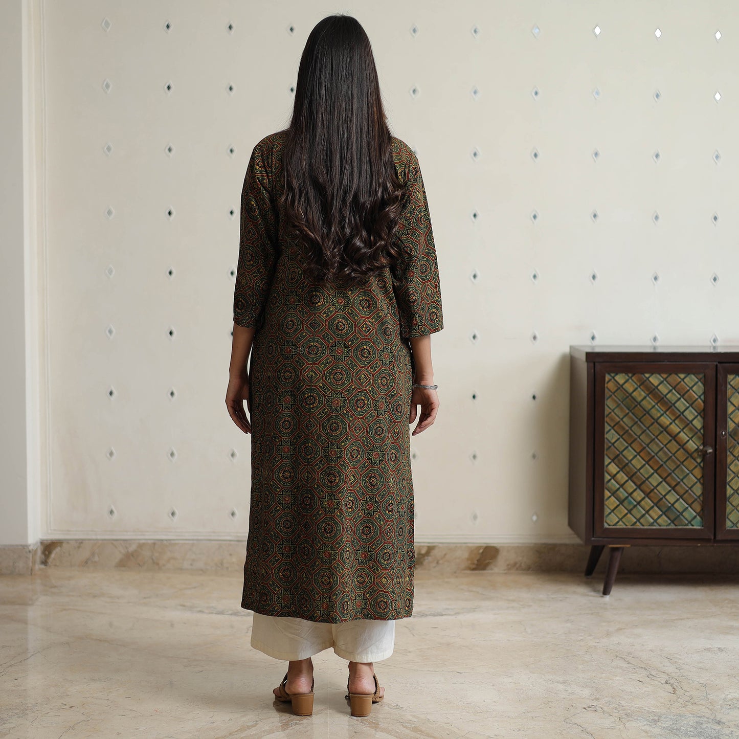 Buy Green Ajrakh Block Printed Cotton Long Kurta for Women