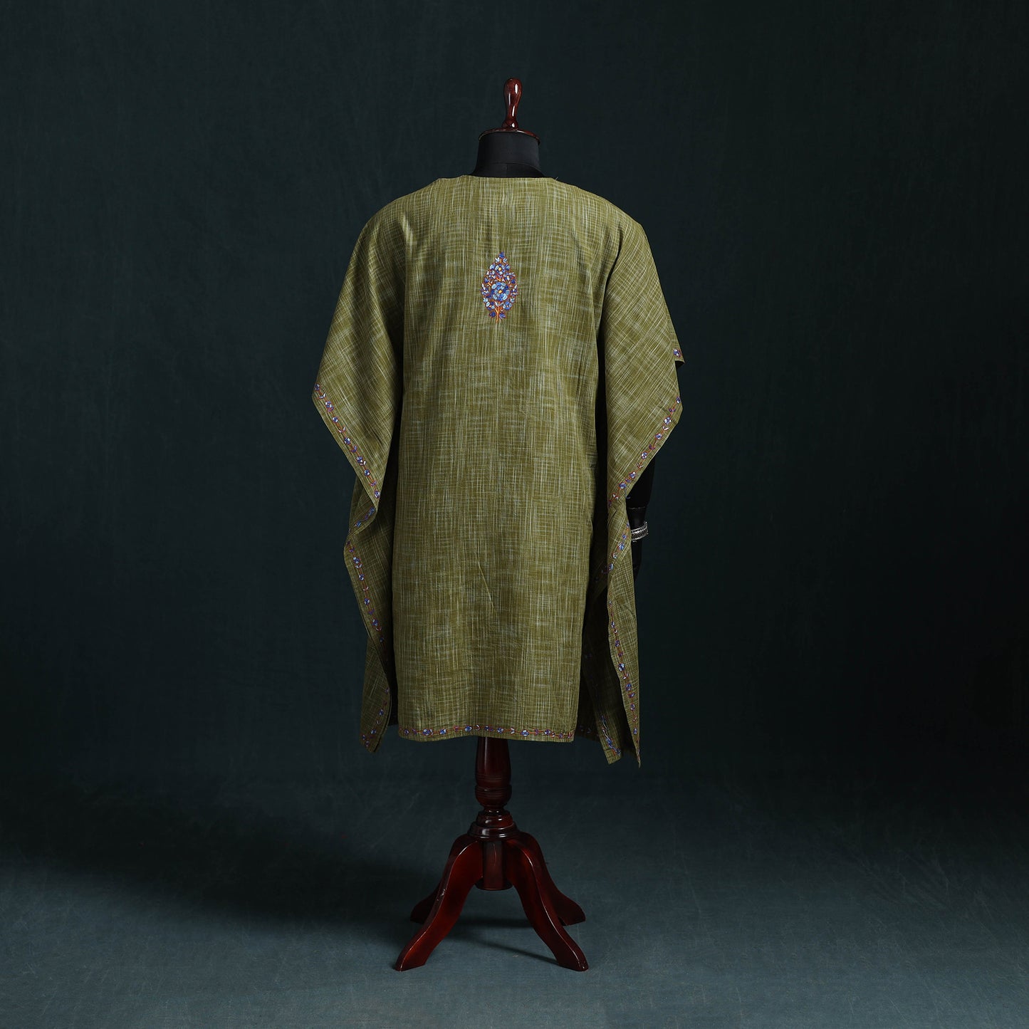 Green - Kashmiri Kashida Hand Embroidered Cotton Kaftan (Medium) 09