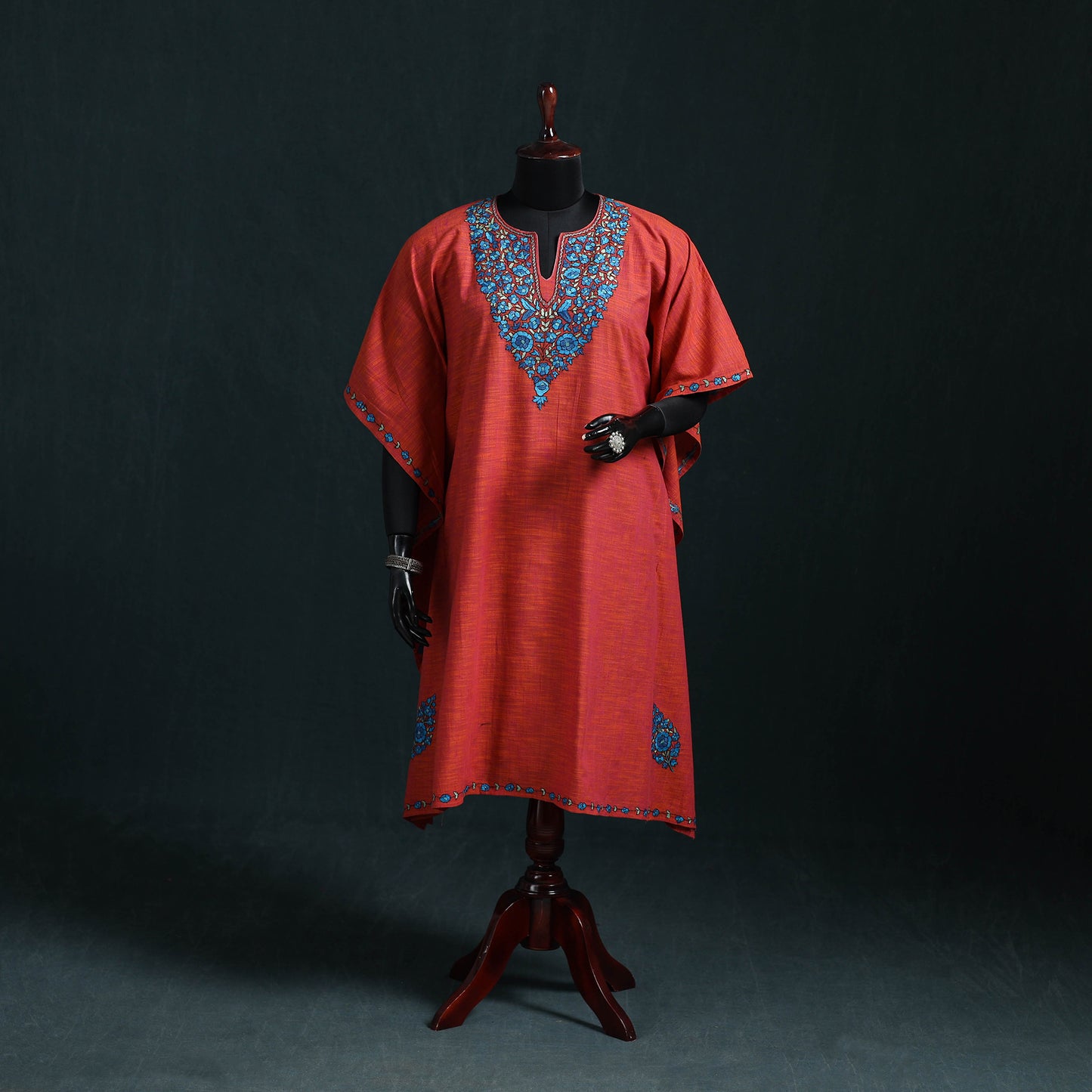 Red - Kashmiri Kashida Hand Embroidered Cotton Kaftan (Medium) 10