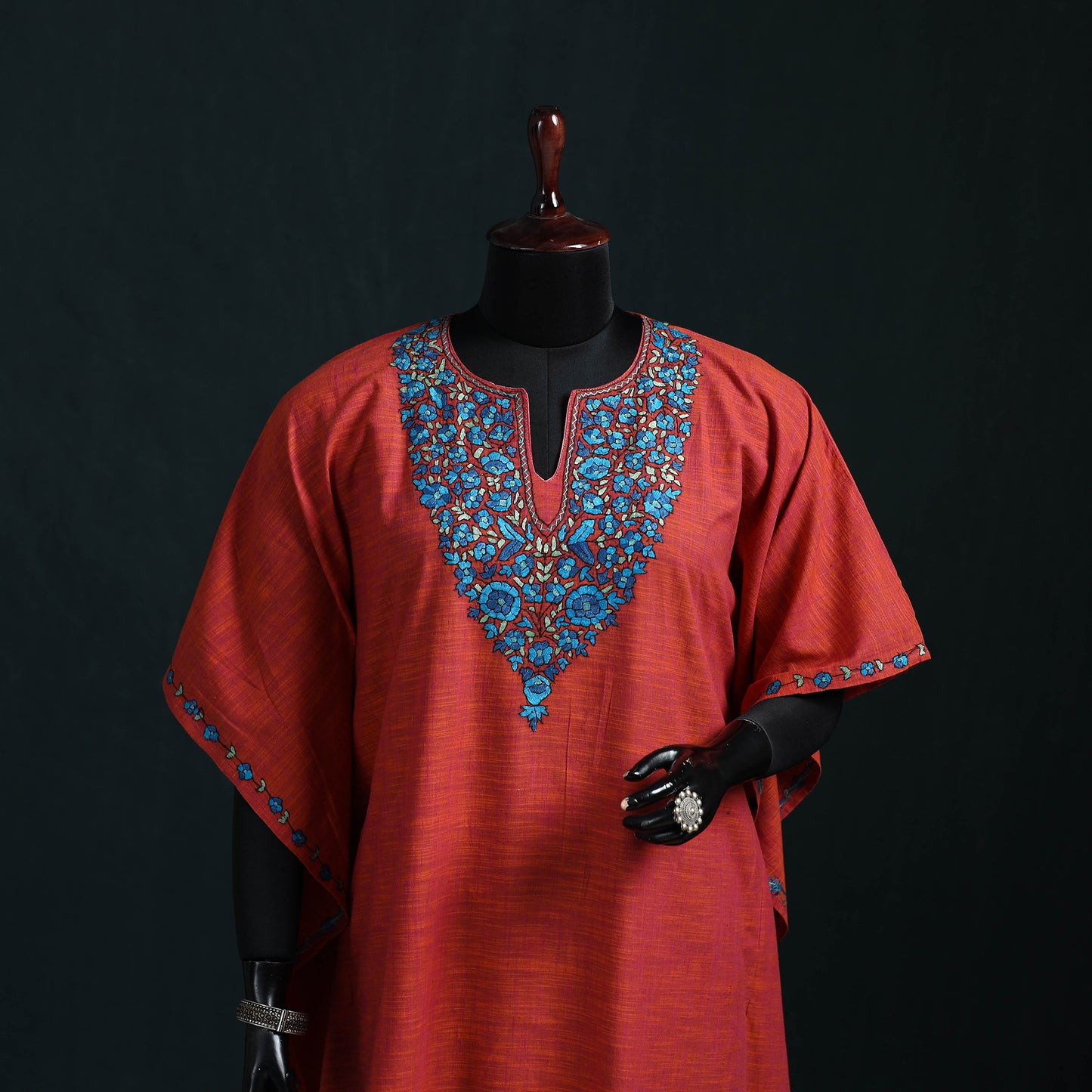 Red - Kashmiri Kashida Hand Embroidered Cotton Kaftan (Medium) 10