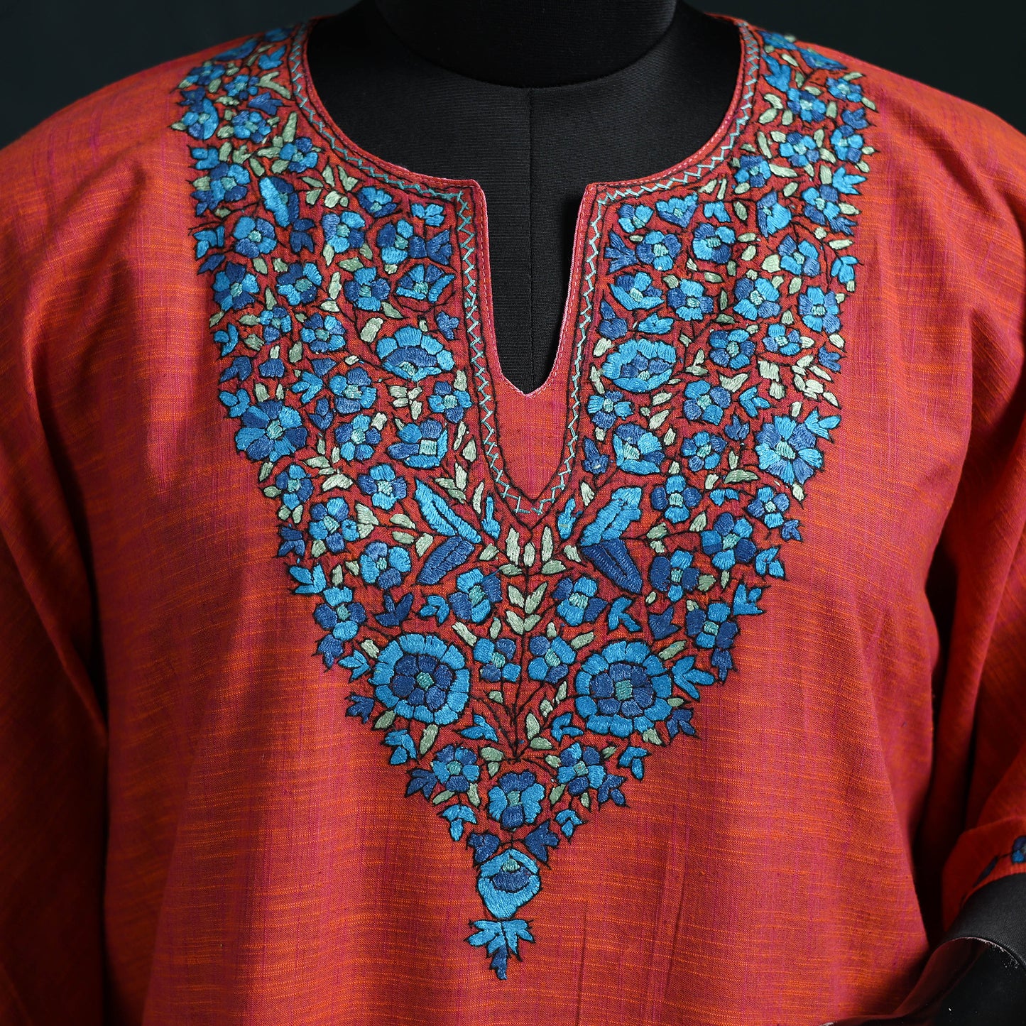 Red - Kashmiri Kashida Hand Embroidered Cotton Kaftan (Medium) 10