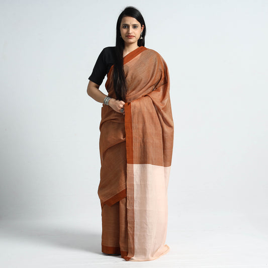 Brown - Traditional Challapalli Plain Handloom Cotton Saree