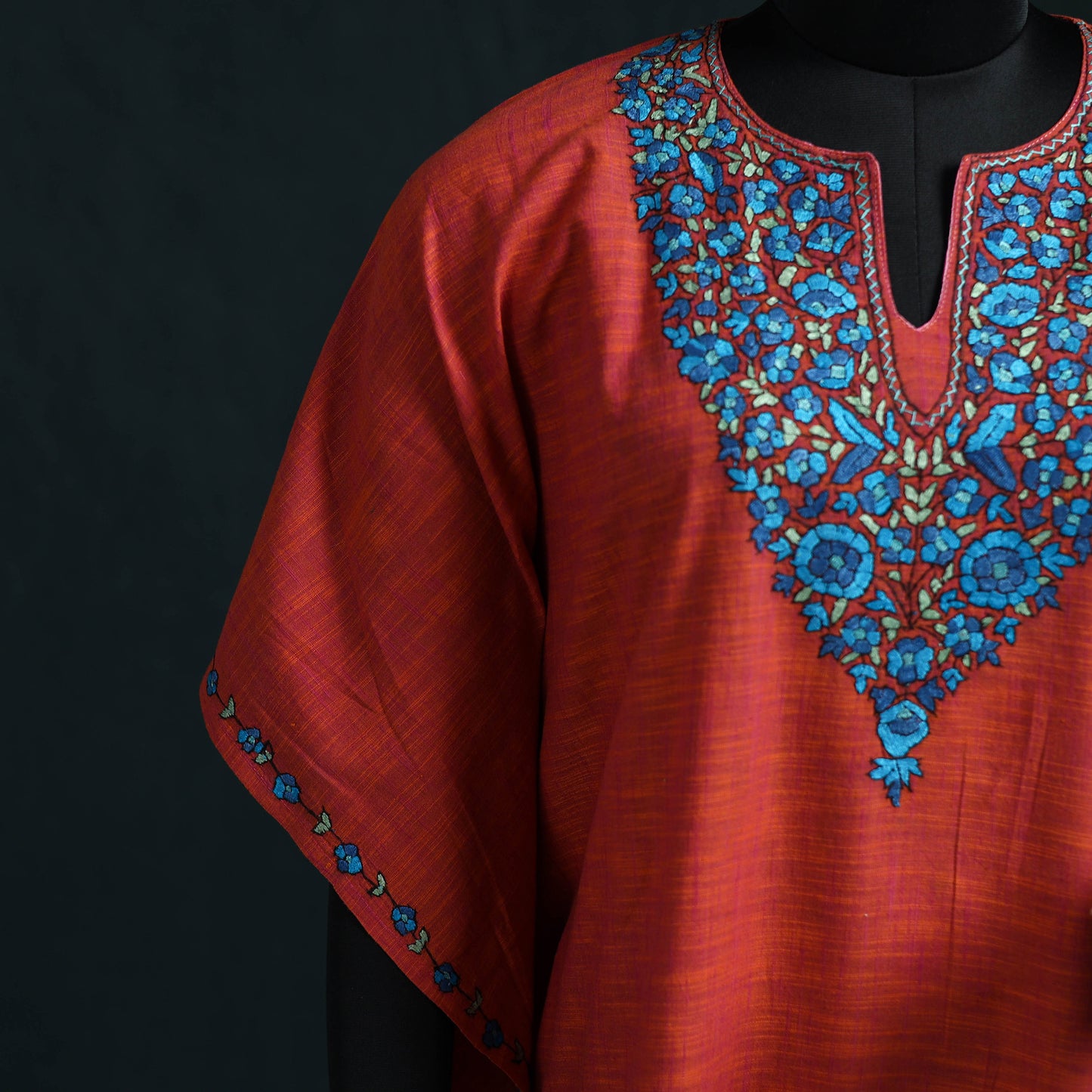 Red - Kashmiri Kashida Hand Embroidered Cotton Kaftan (Medium) 10