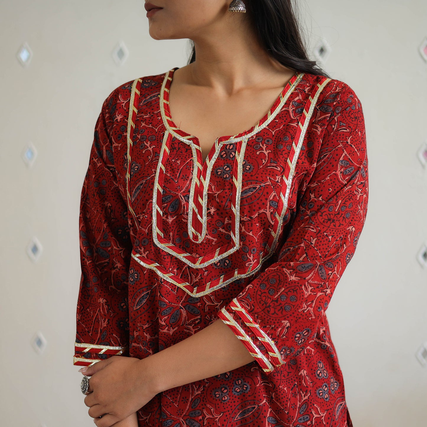 Red - Block Printed Cotton Gota Work Long Ajrakh Kurta 11