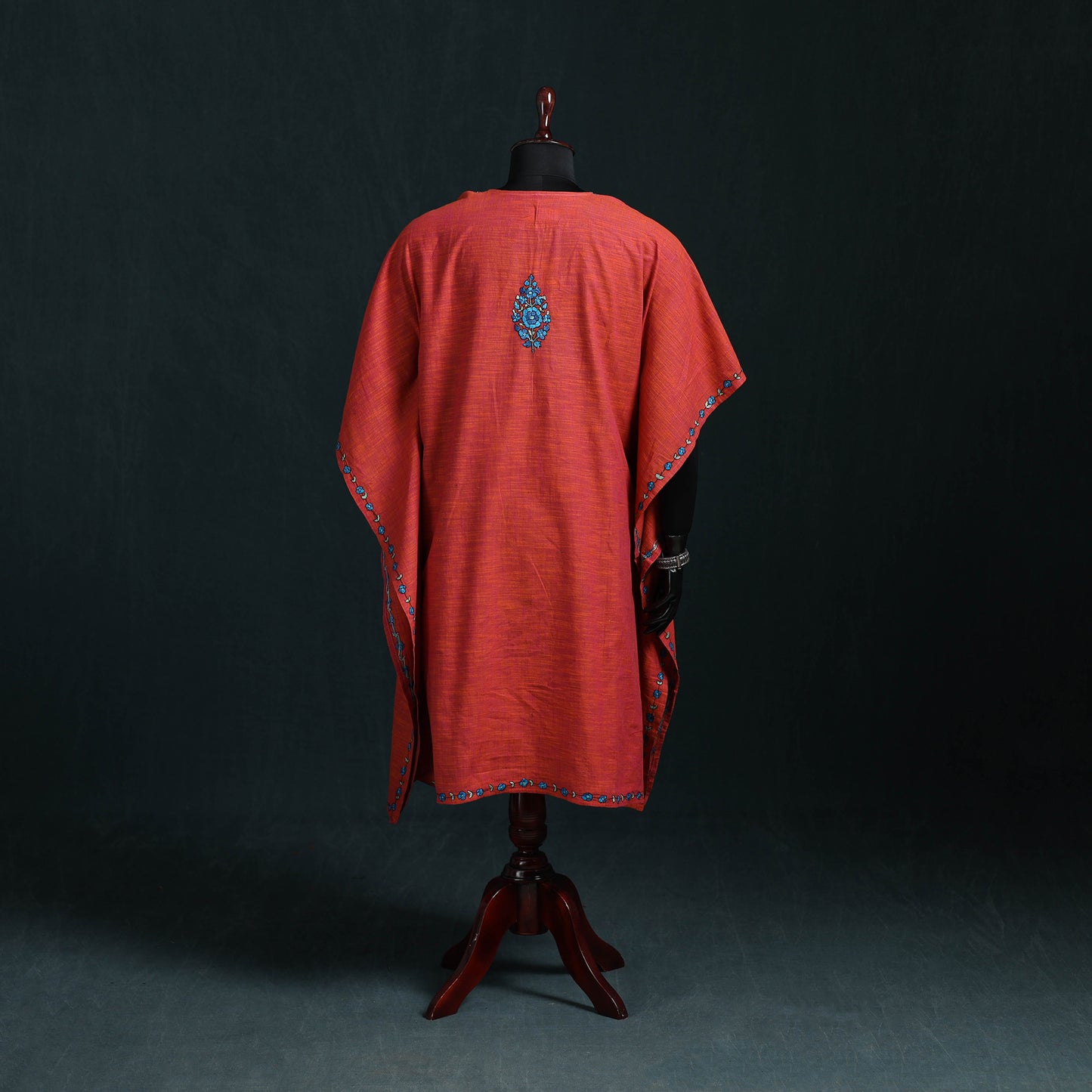 Red - Kashmiri Kashida Hand Embroidered Cotton Kaftan (Medium) 10