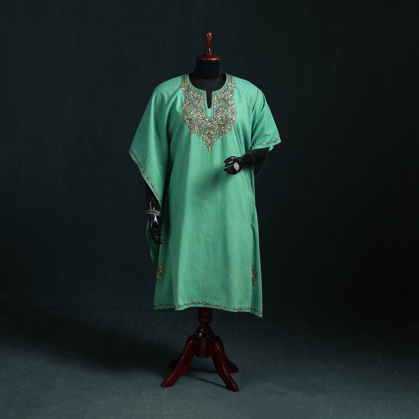 Green - Kashmiri Kashida Hand Embroidered Cotton Kaftan (Medium) 11