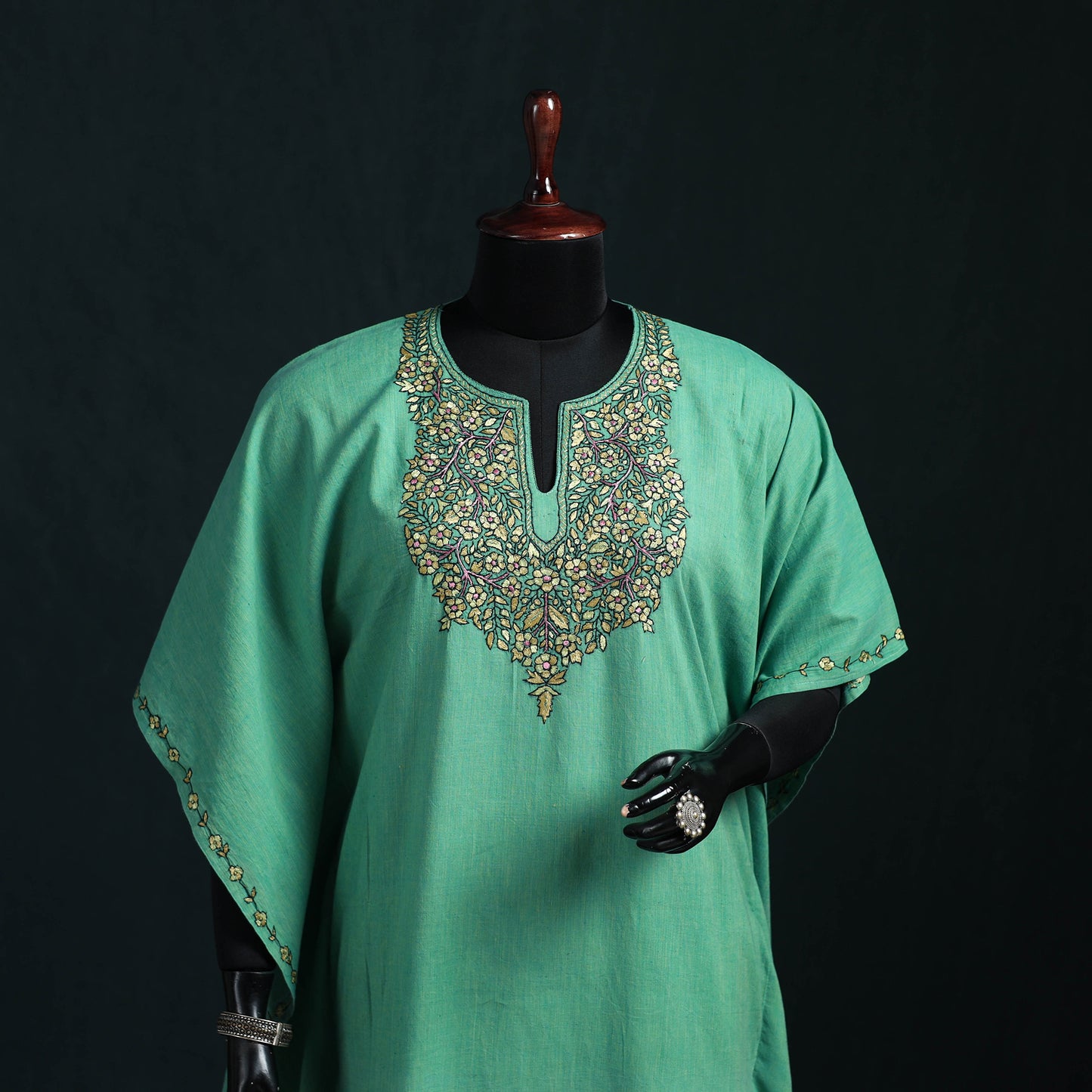 Green - Kashmiri Kashida Hand Embroidered Cotton Kaftan (Medium) 11