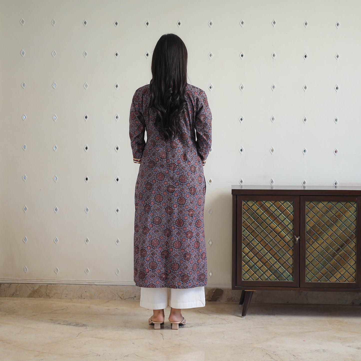 Blue - Block Printed Cotton Gota Work Long Ajrakh Kurta 13