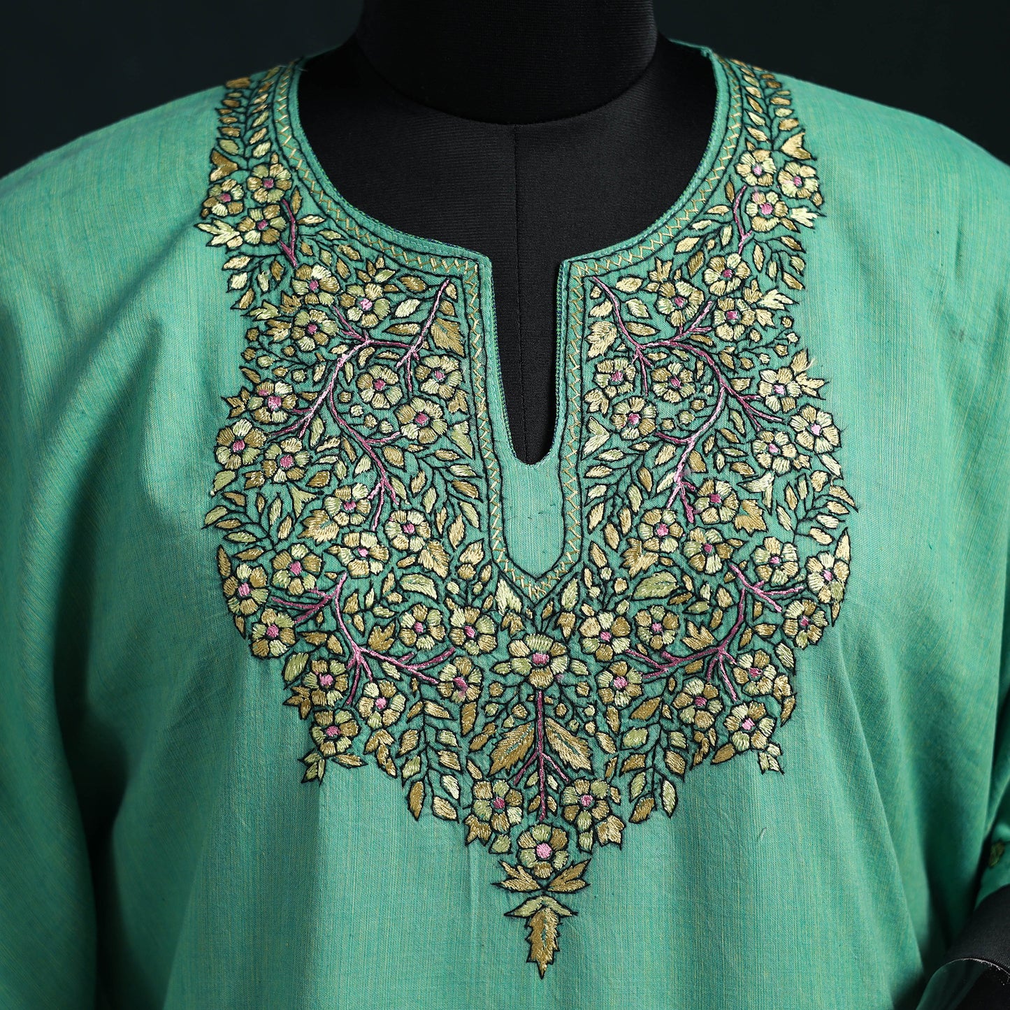 Green - Kashmiri Kashida Hand Embroidered Cotton Kaftan (Medium) 11