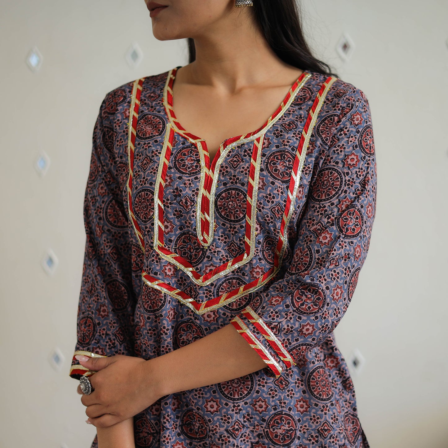Blue - Block Printed Cotton Gota Work Long Ajrakh Kurta 13