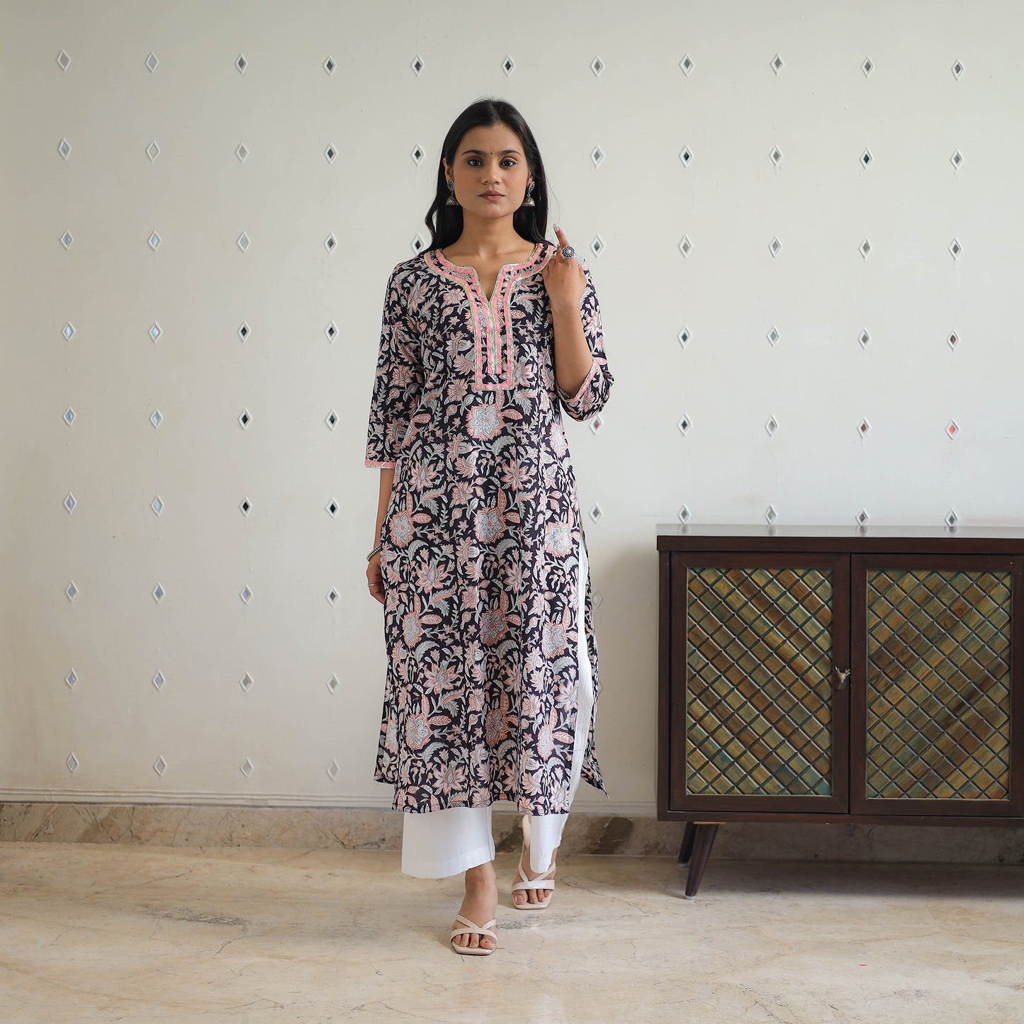Black Block Printed Cotton Gota Work Long Sanganeri Kurta