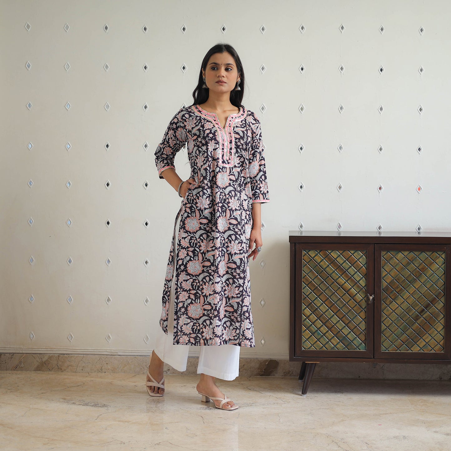 Black Block Printed Cotton Gota Work Long Sanganeri Kurta
