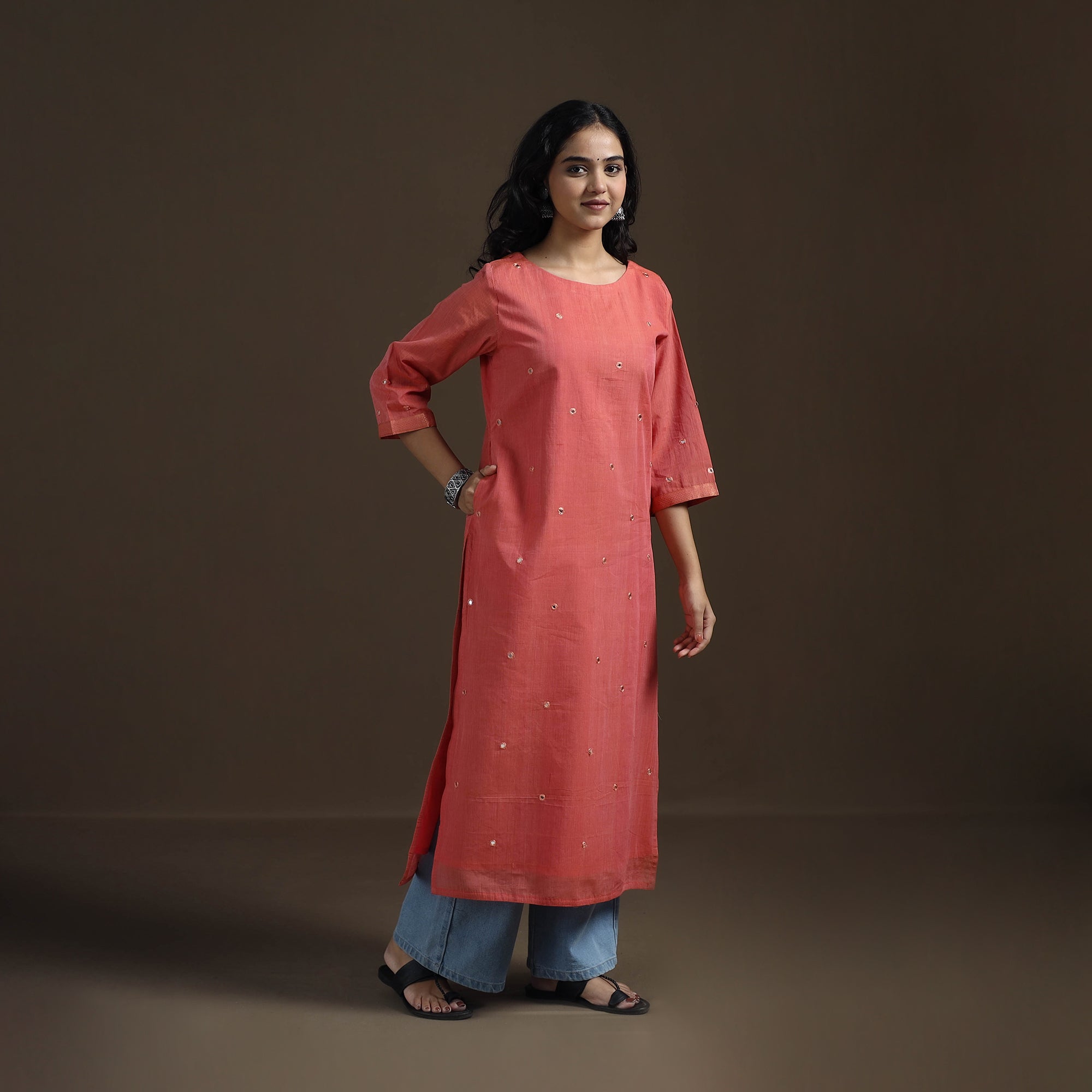 Peach - Mangalagiri Pure Handwoven Cotton Mirror Work Straight Long Kurta for women 17