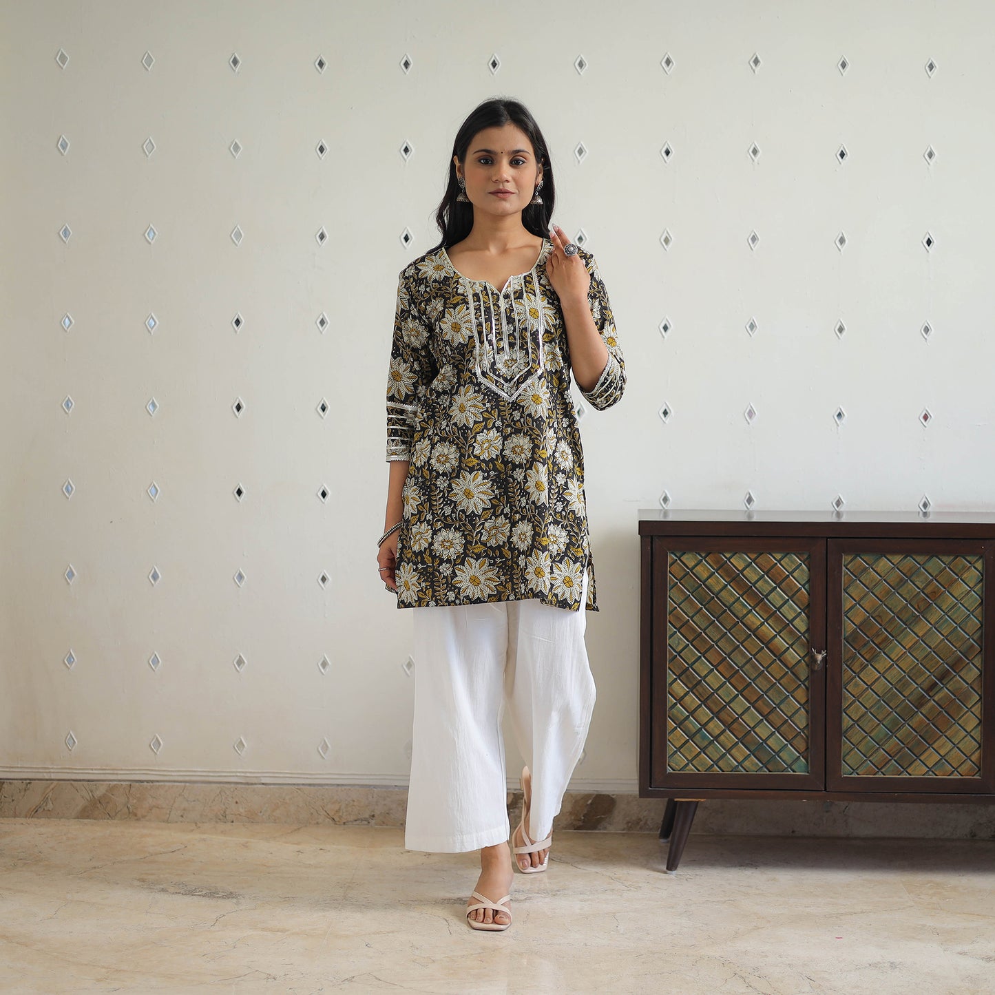 Black Block Printed Cotton Gota Work Short Bagru Kurta