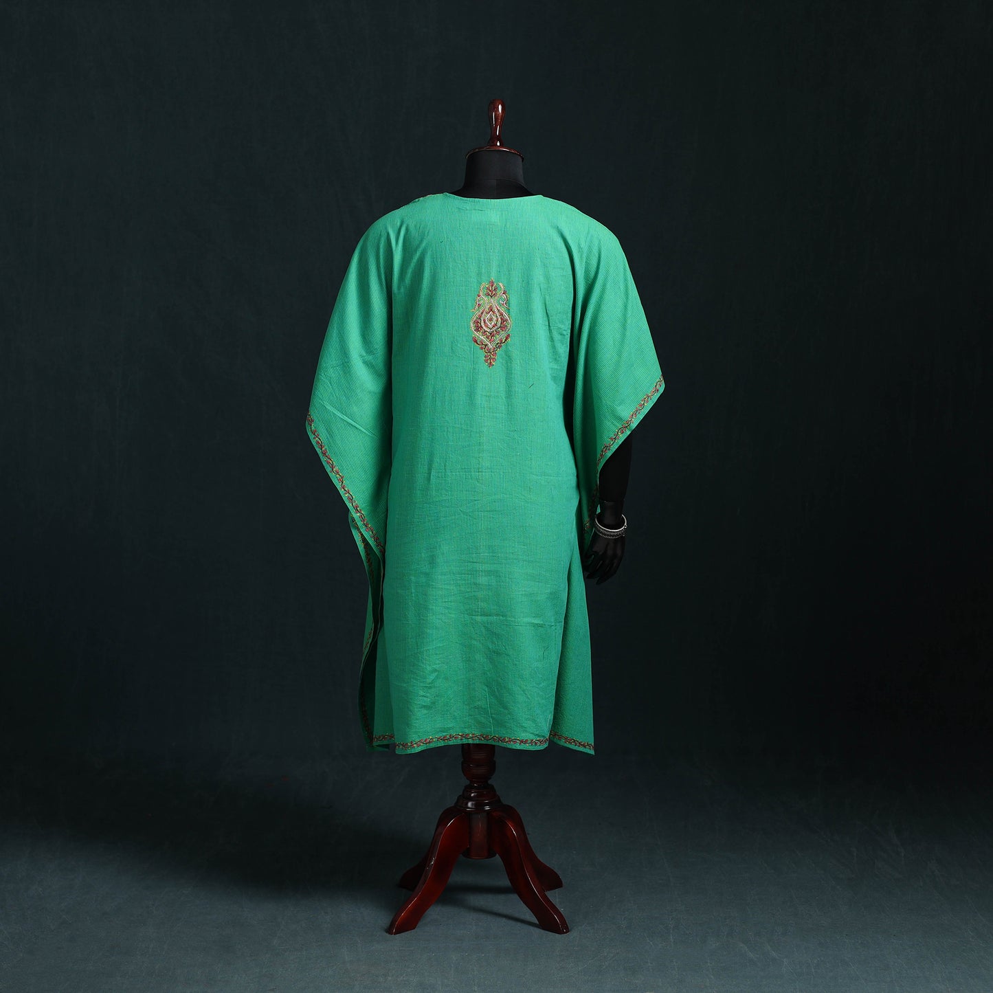 Green - Kashmiri Sozni Hand Embroidered Cotton Kaftan (Medium) 12