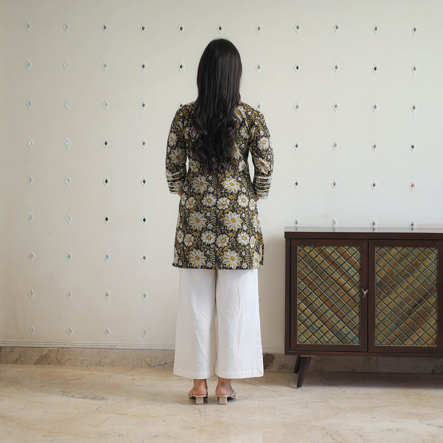 Black Block Printed Cotton Gota Work Short Bagru Kurta
