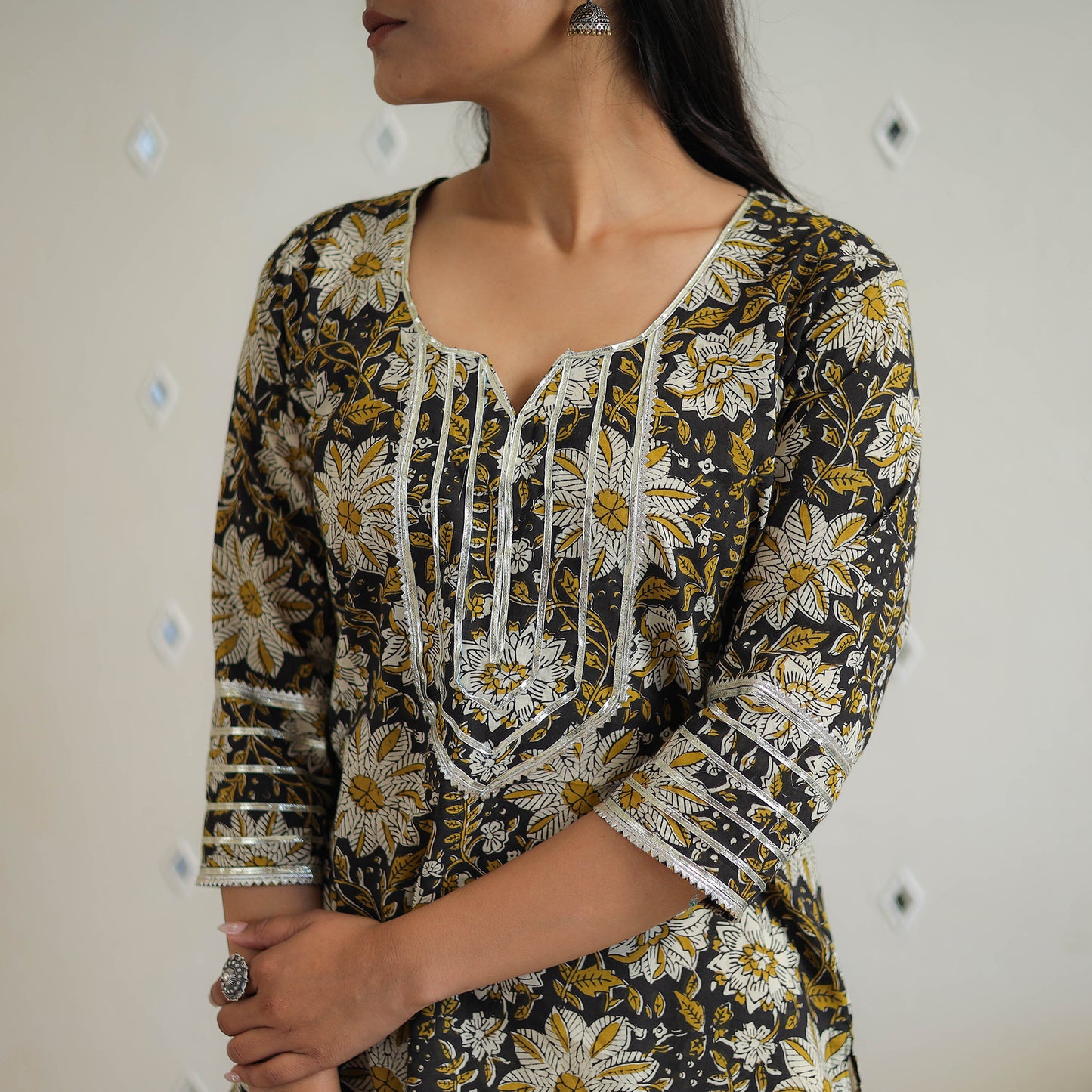 Black Block Printed Cotton Gota Work Short Bagru Kurta