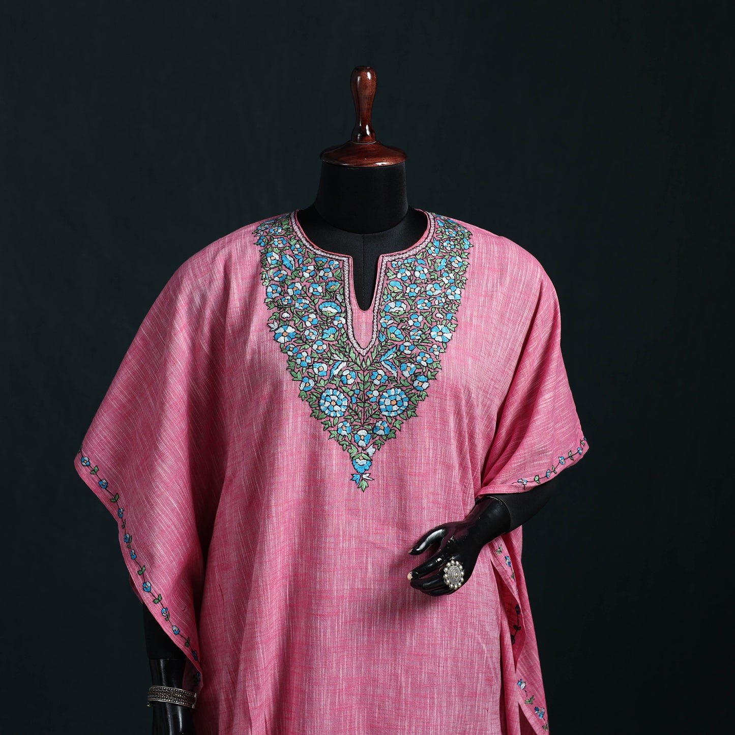 Pink - Kashmiri Kashida Hand Embroidered Cotton Kaftan (Medium) 13