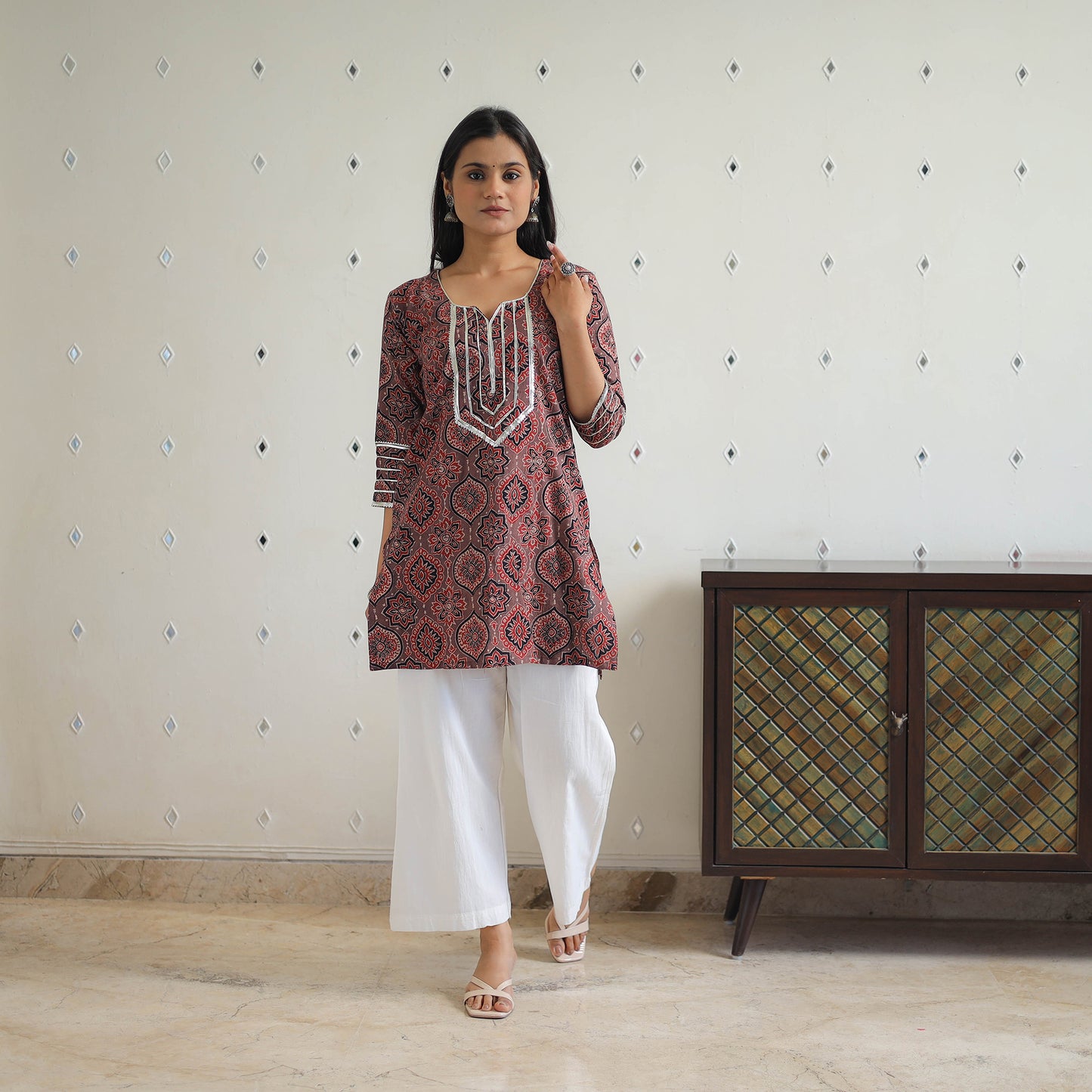 Brown Block Printed Cotton Gota Work Short Ajrakh Kurta