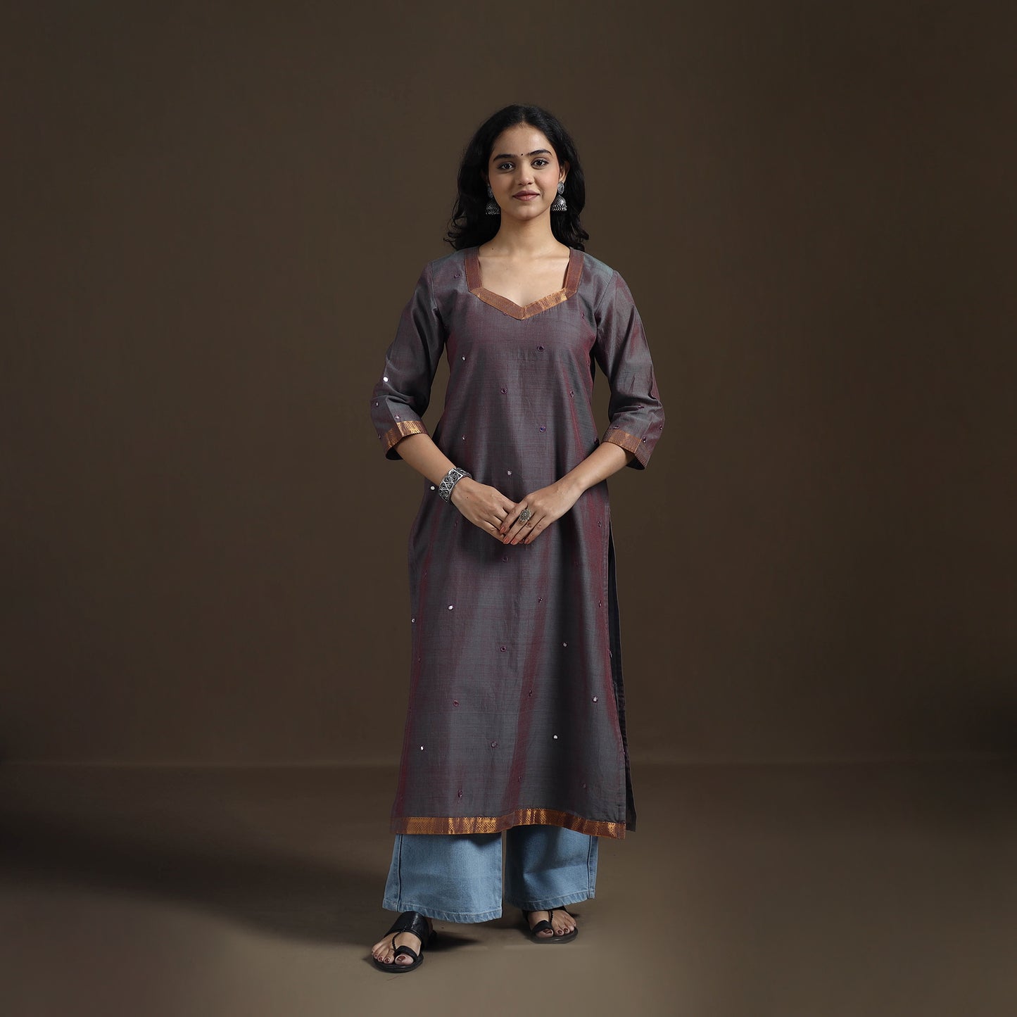 Mangalagiri Pure Handwoven Cotton Mirror Work Straight Kurta for women 03