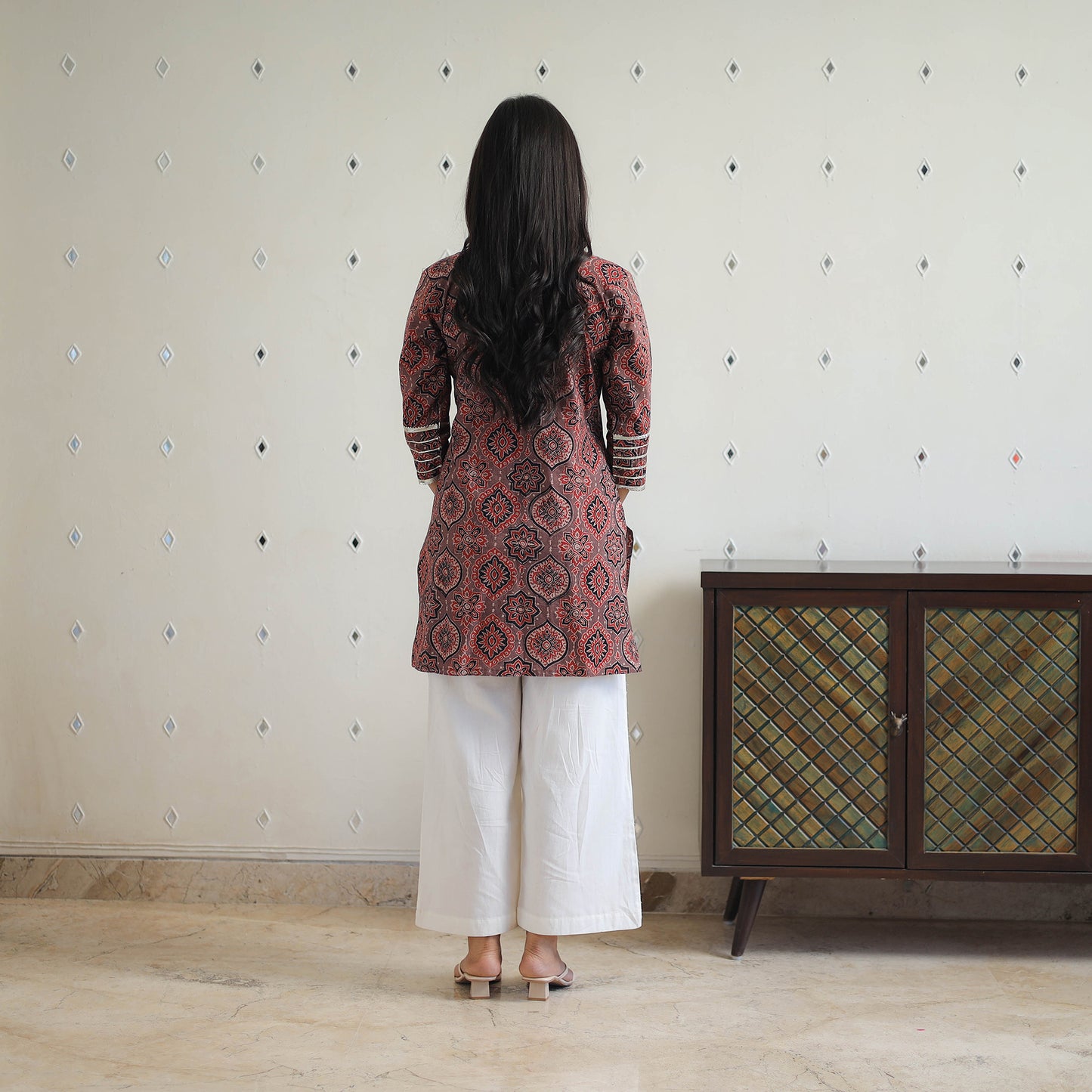 Brown Block Printed Cotton Gota Work Short Ajrakh Kurta