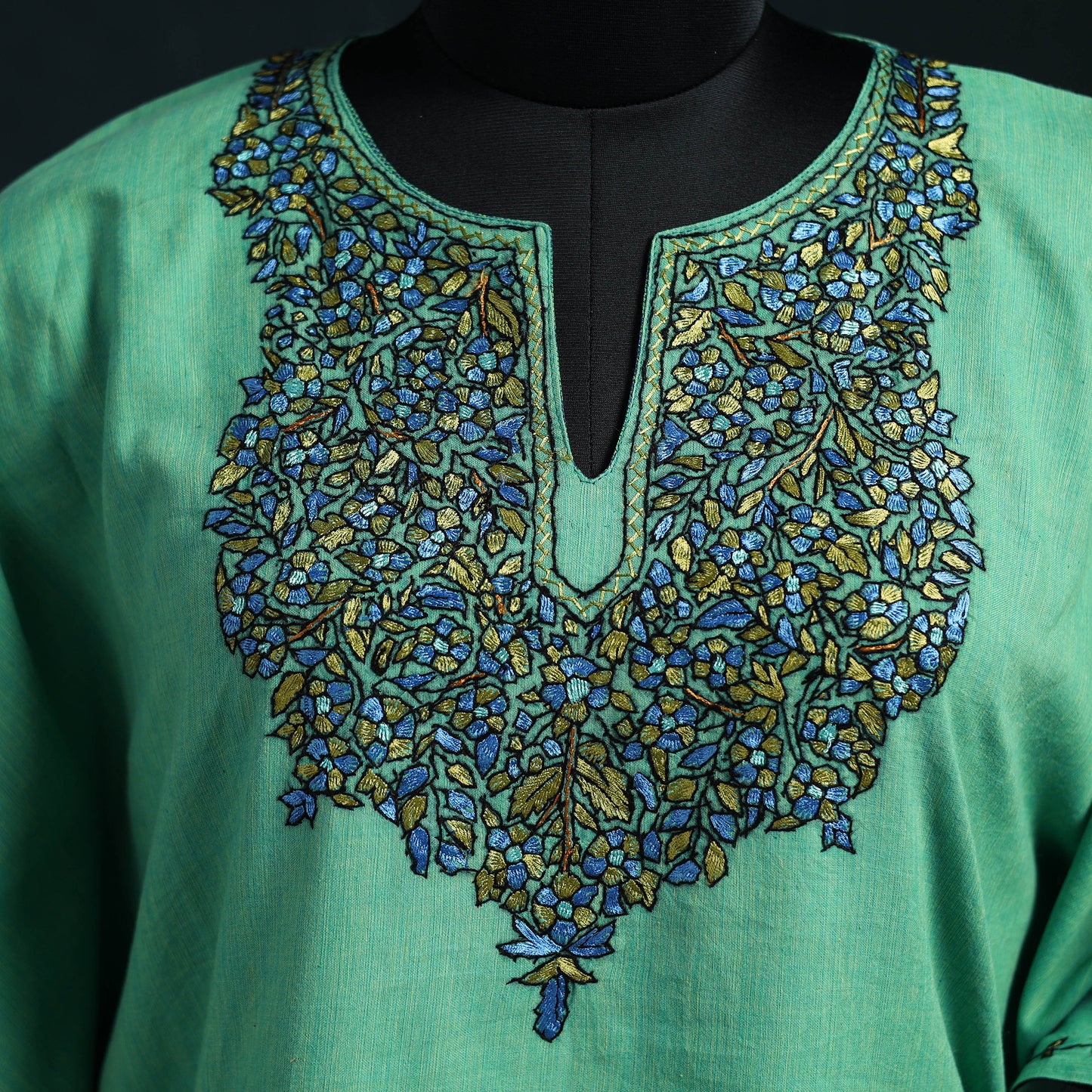 Green - Kashmiri Kashida Hand Embroidered Cotton Kaftan (Medium) 14