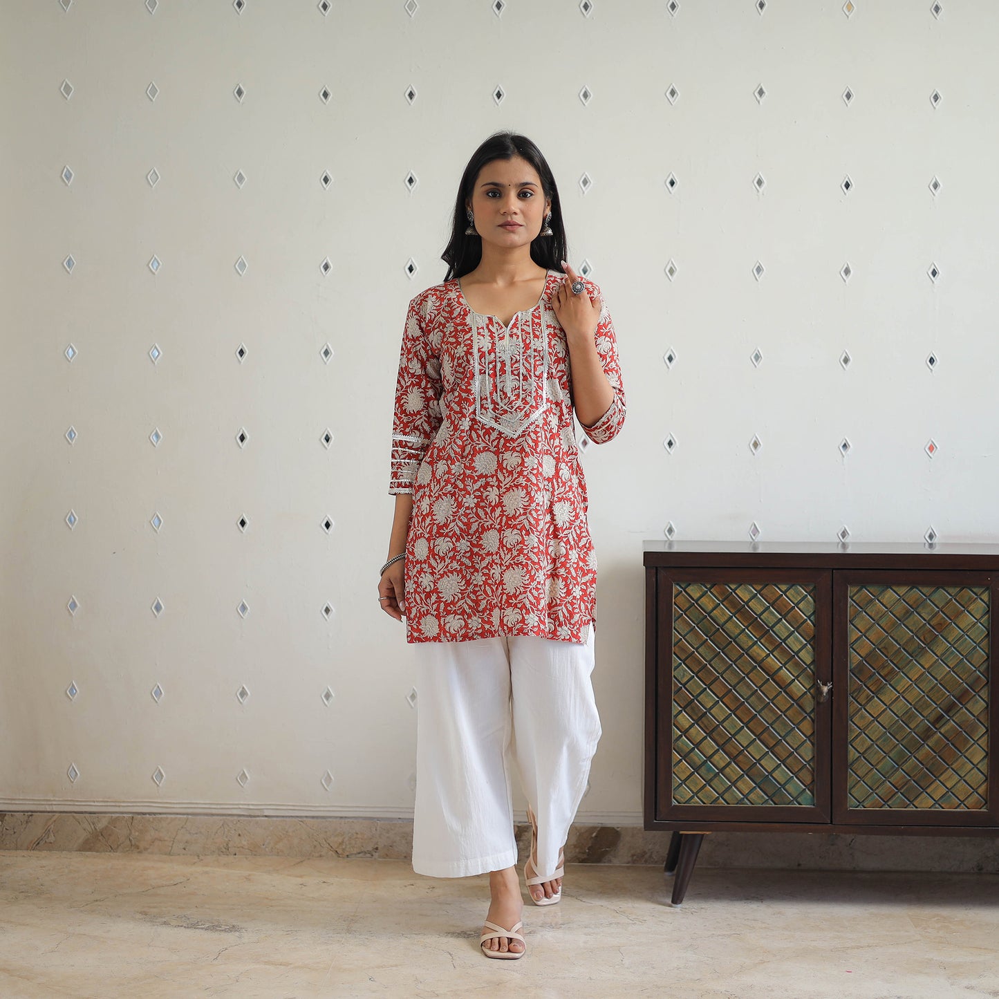Red Block Printed Cotton Gota Work Short Bagru Kurta