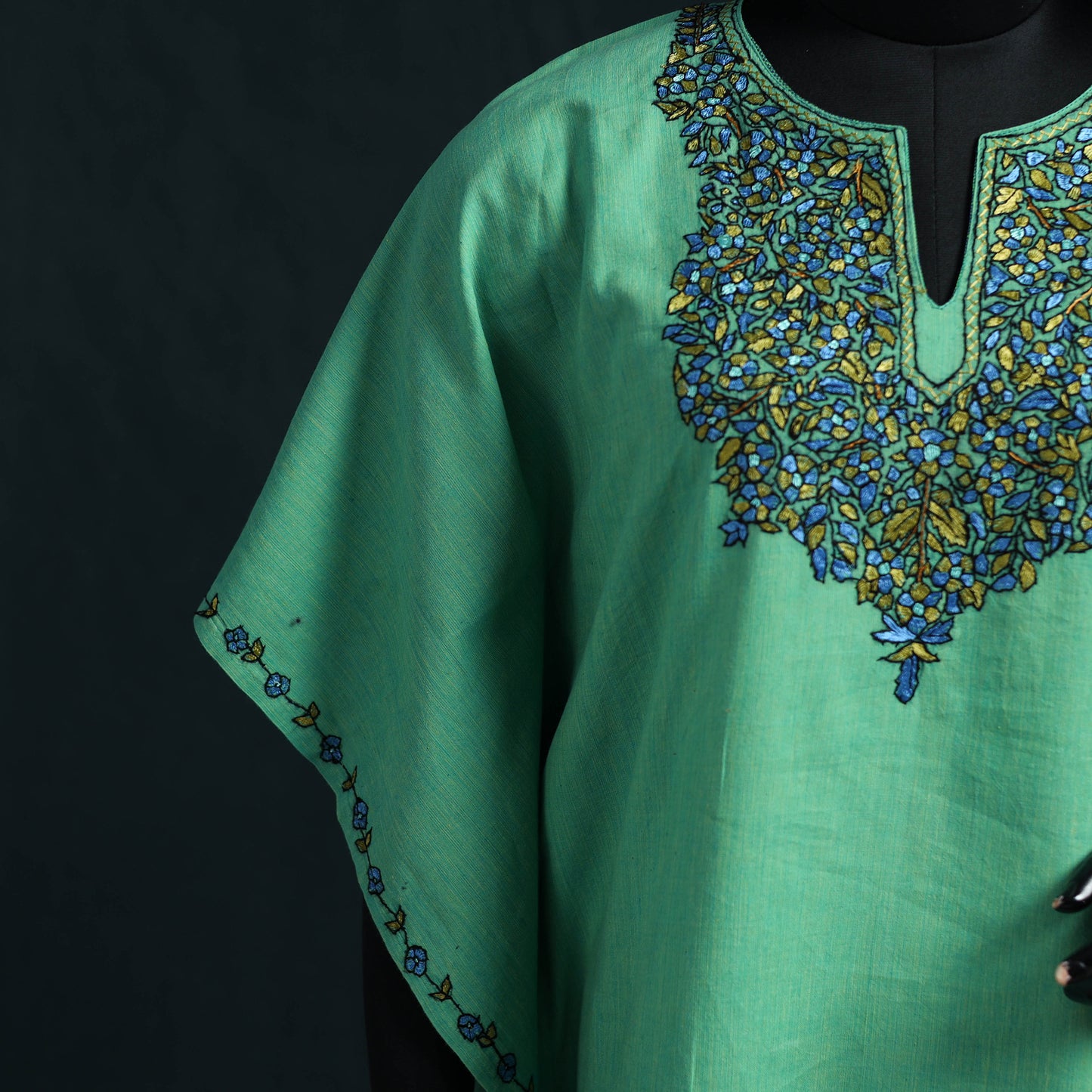 Green - Kashmiri Kashida Hand Embroidered Cotton Kaftan (Medium) 14