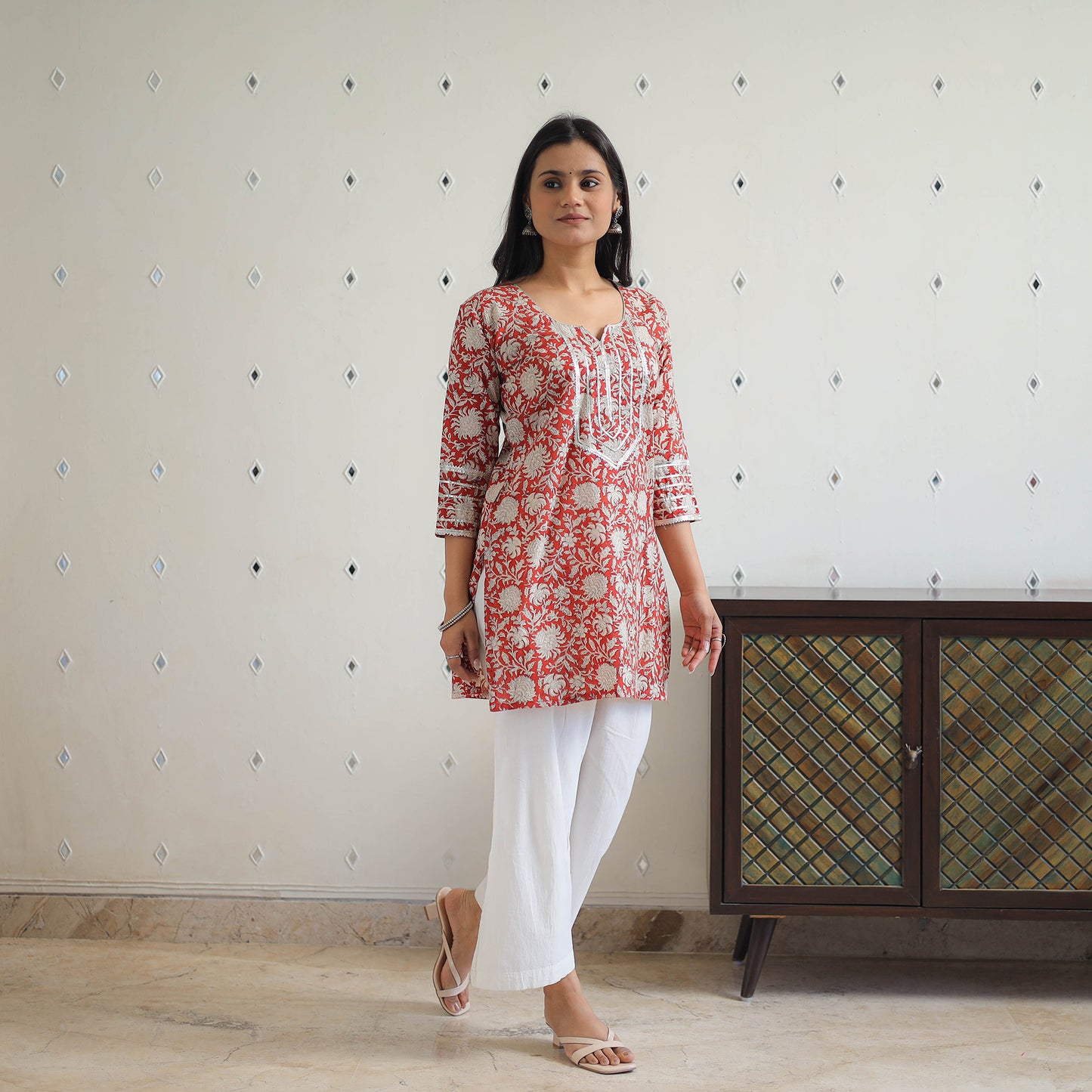 Red Block Printed Cotton Gota Work Short Bagru Kurta