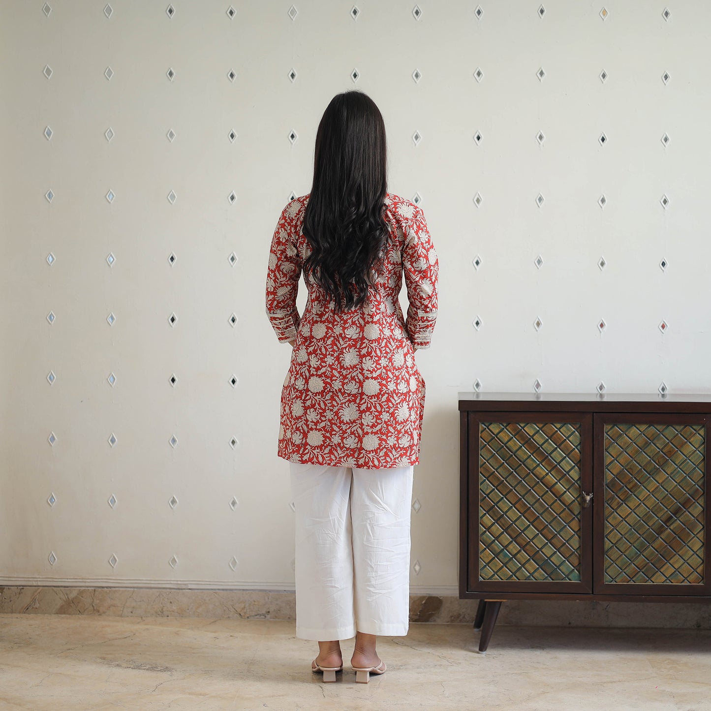 Red Block Printed Cotton Gota Work Short Bagru Kurta