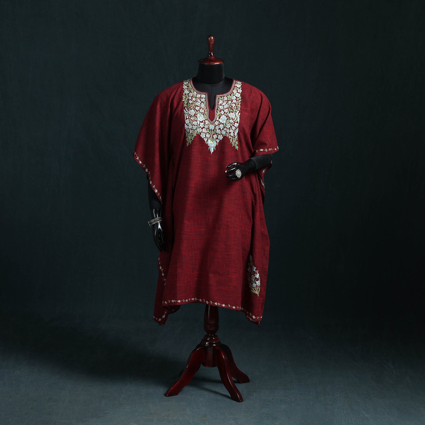 Maroon - Kashmiri Kashida Hand Embroidered Cotton Kaftan (Medium) 15