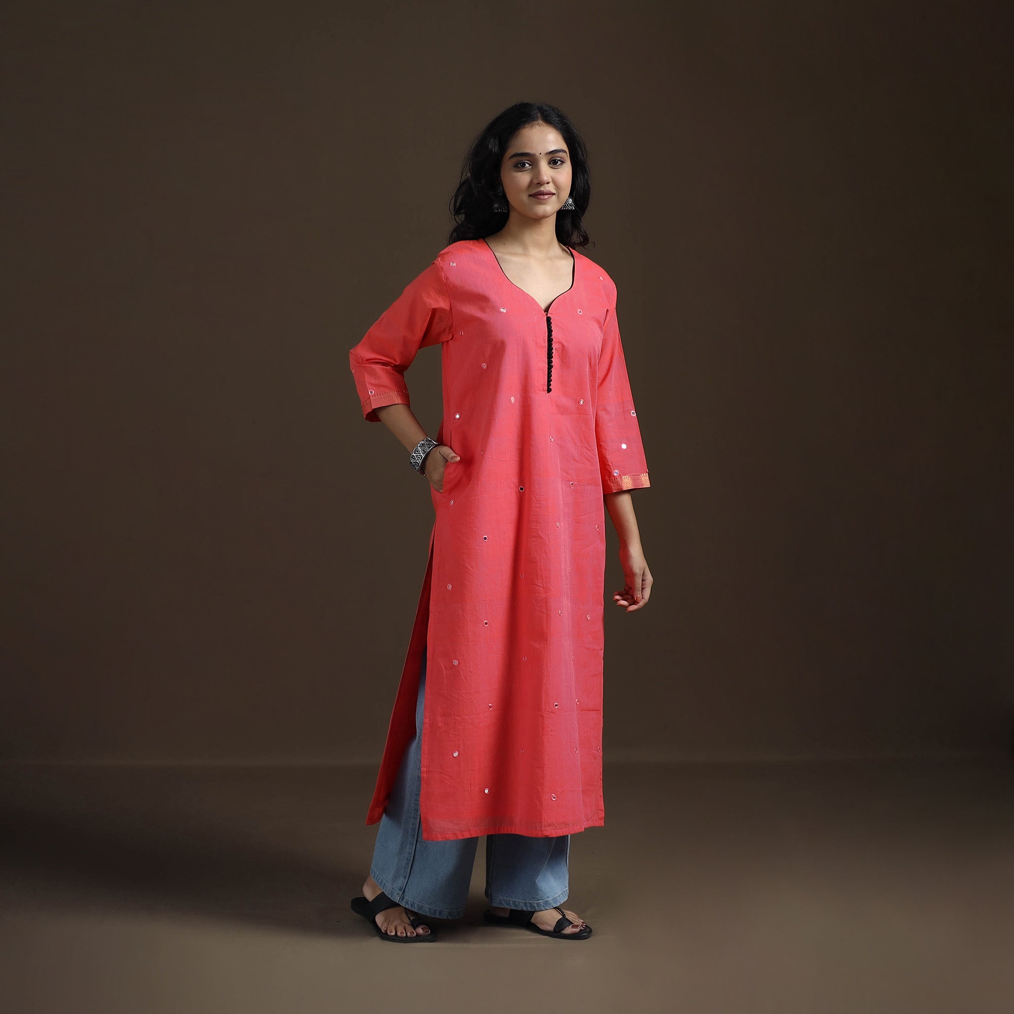 Peach - Mangalagiri Pure Handwoven Cotton Mirror Work Straight Long Kurta for women 28