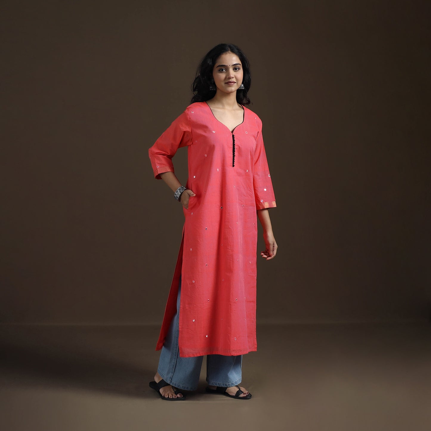 Mangalagiri Pure Handwoven Cotton Mirror Work Straight Kurta for women 28