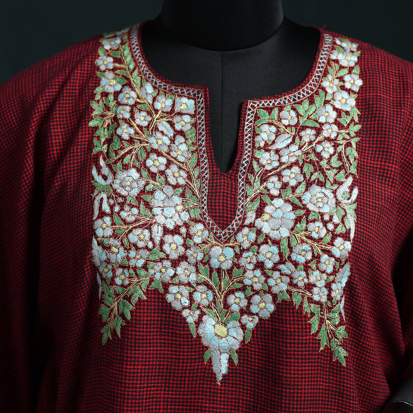 Maroon - Kashmiri Kashida Hand Embroidered Cotton Kaftan (Medium) 15