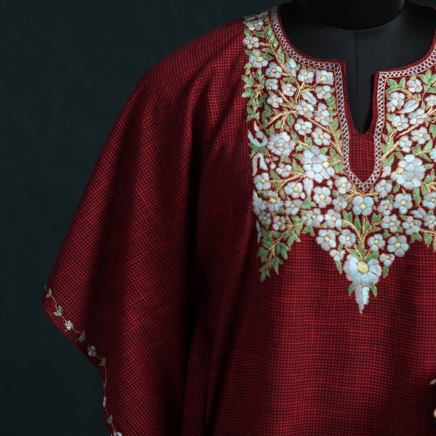 Maroon - Kashmiri Kashida Hand Embroidered Cotton Kaftan (Medium) 15