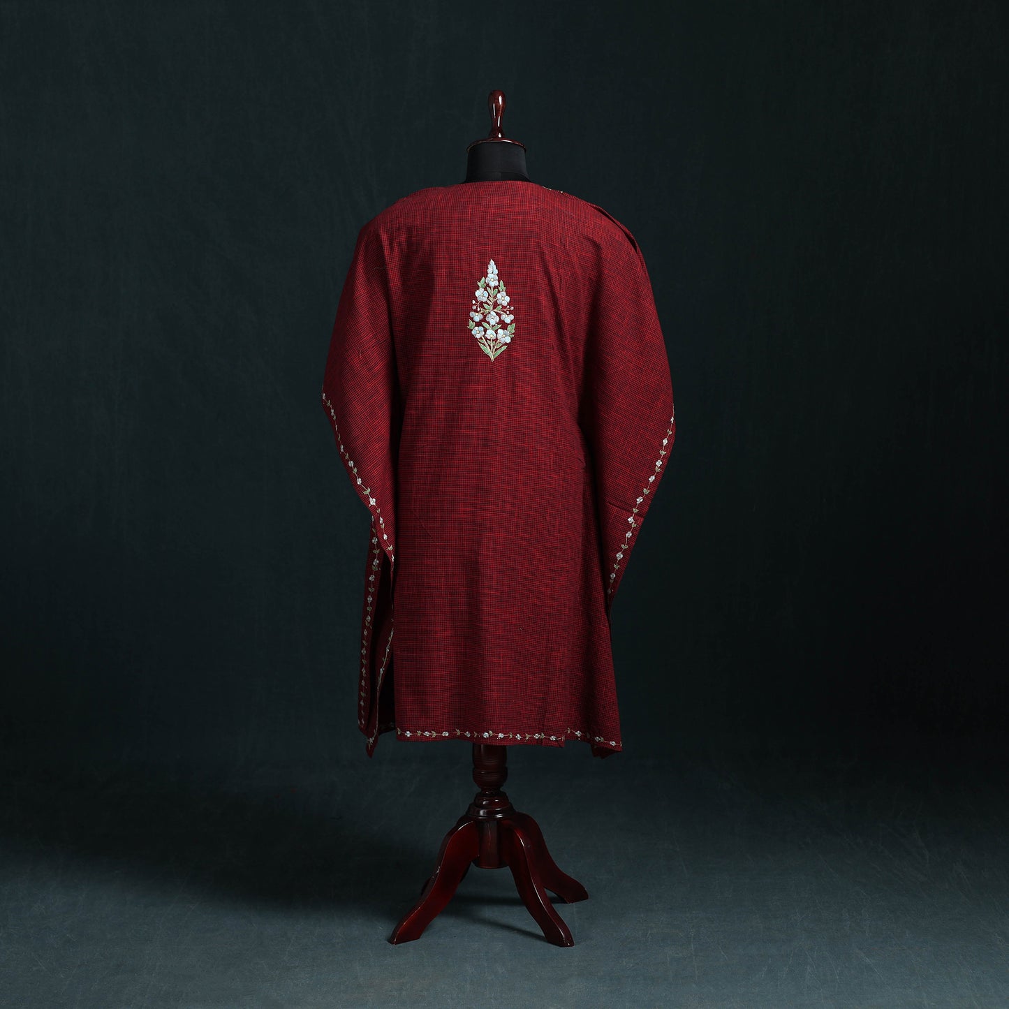 Maroon - Kashmiri Kashida Hand Embroidered Cotton Kaftan (Medium) 15