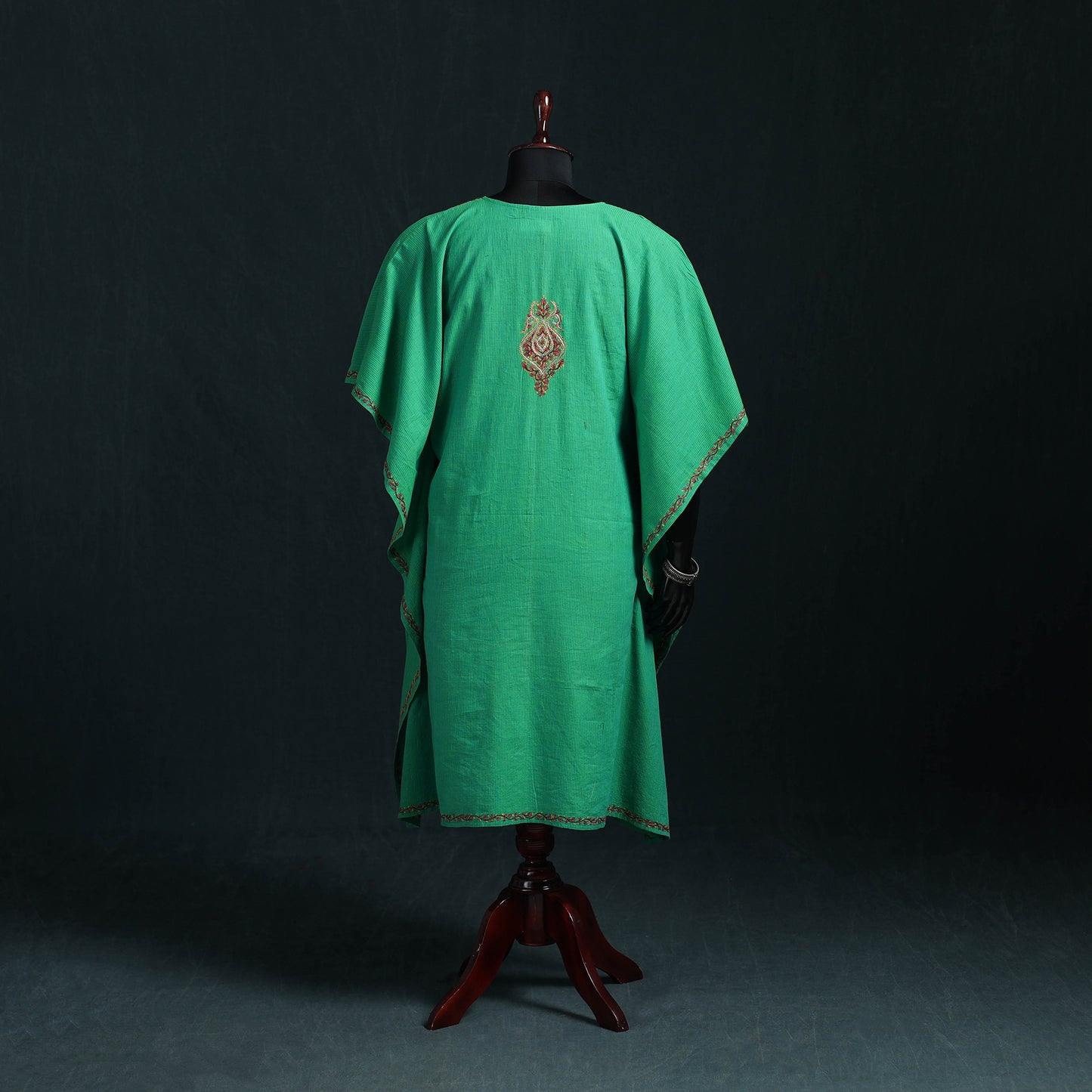 Green - Kashmiri Kashida Hand Embroidered Cotton Kaftan (Medium) 14