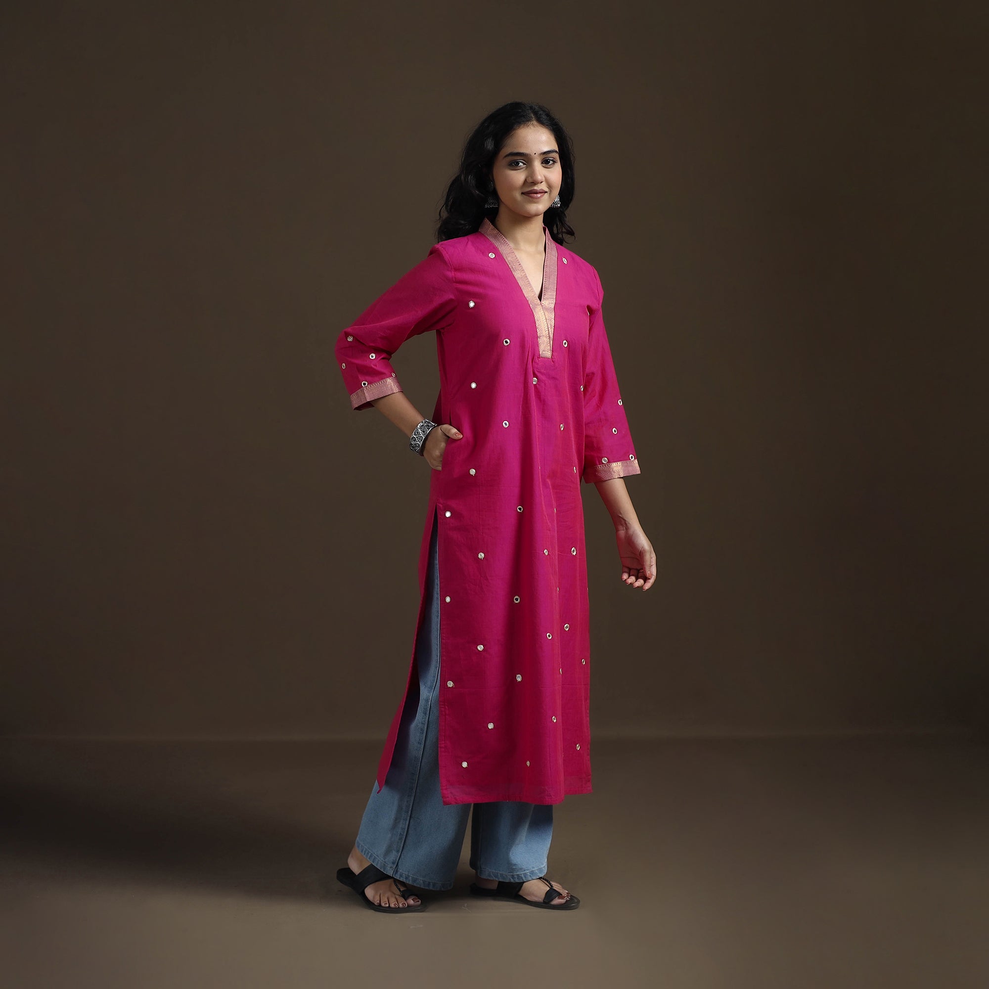 Pink - Mangalagiri Pure Handwoven Cotton Mirror Work Straight Long Kurta for women 12