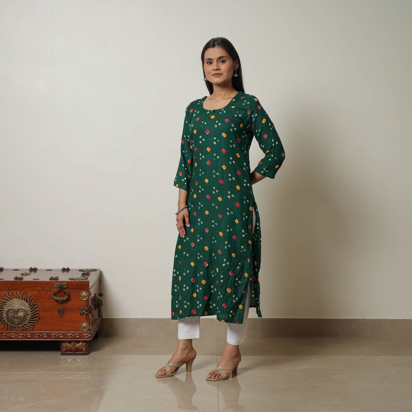 Persian Green Tie & dye Cotton A-Line Bandhani Kurta for Women