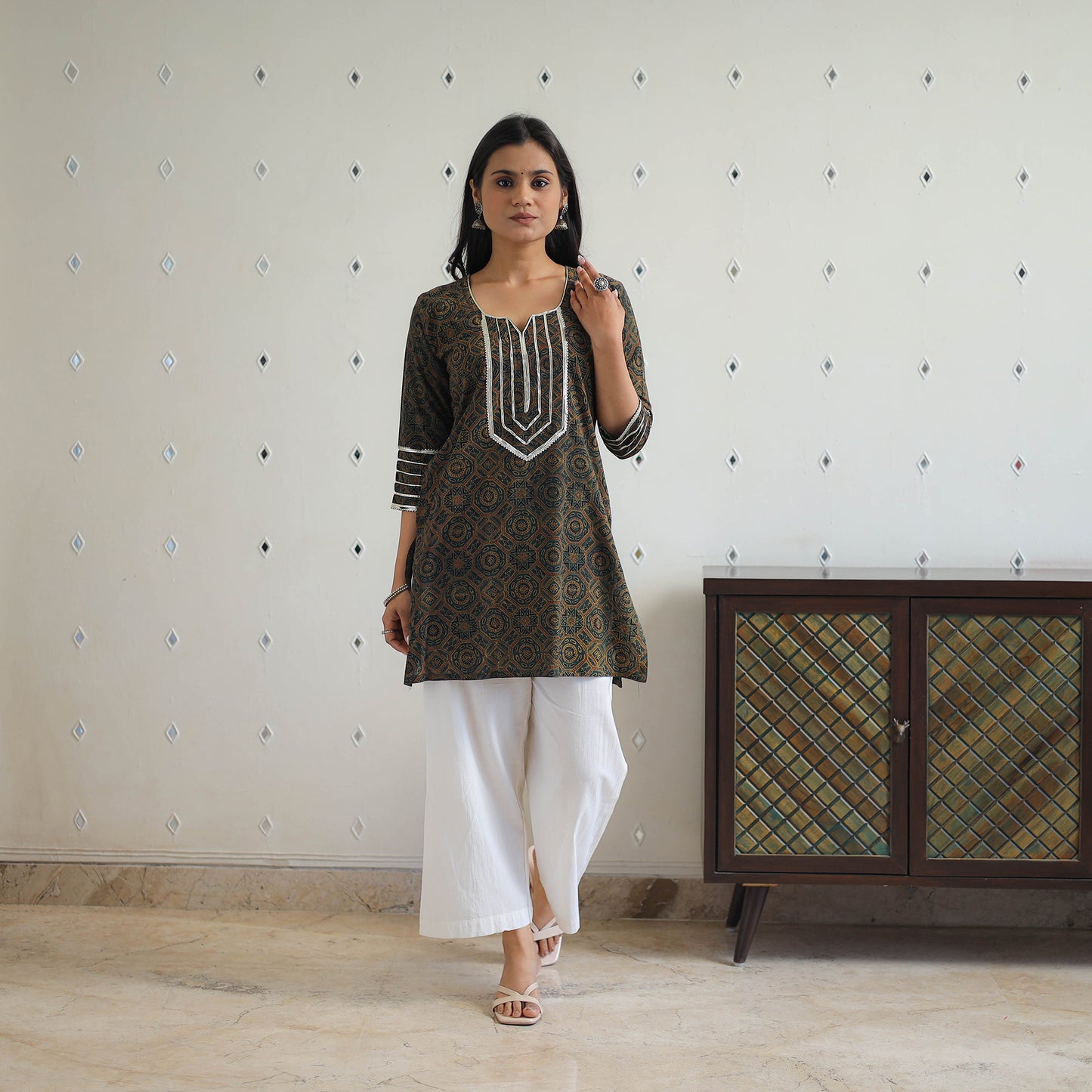Green Block Print Cotton Gota Work Short Ajrakh Kurta for Women
