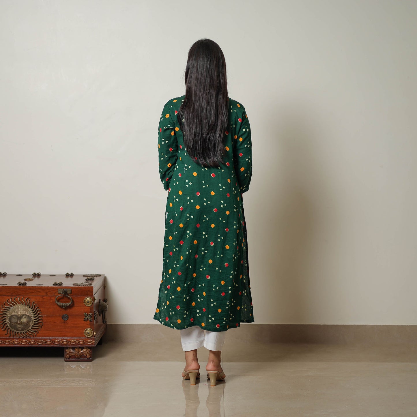 Persian Green Tie & dye Cotton A-Line Bandhani Kurta for Women