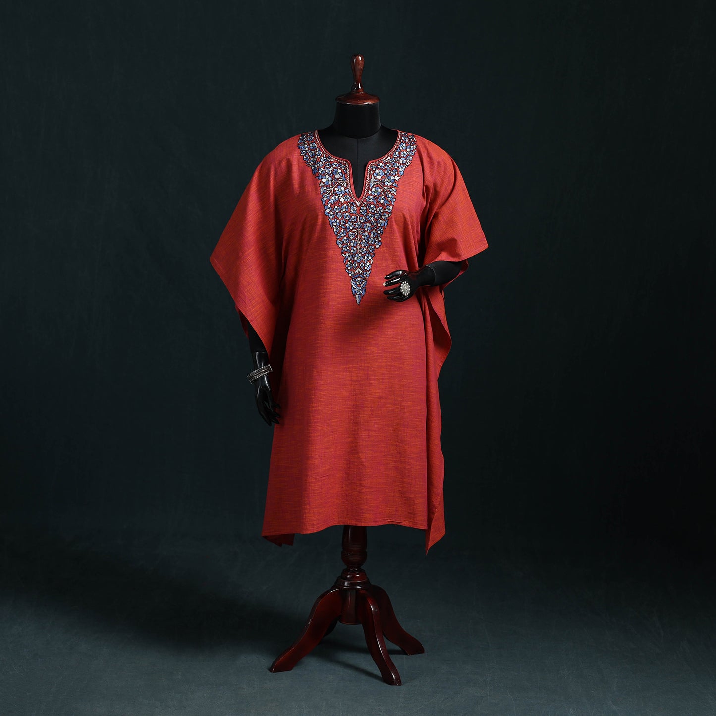 Red - Kashmiri Kashida Hand Embroidered Cotton Kaftan (Medium) 17