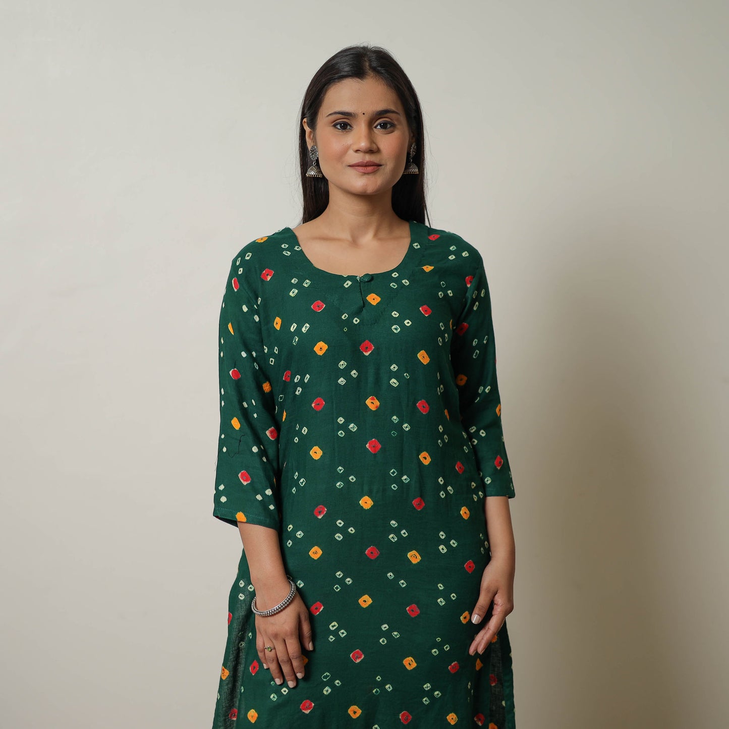 Persian Green Tie & dye Cotton A-Line Bandhani Kurta for Women