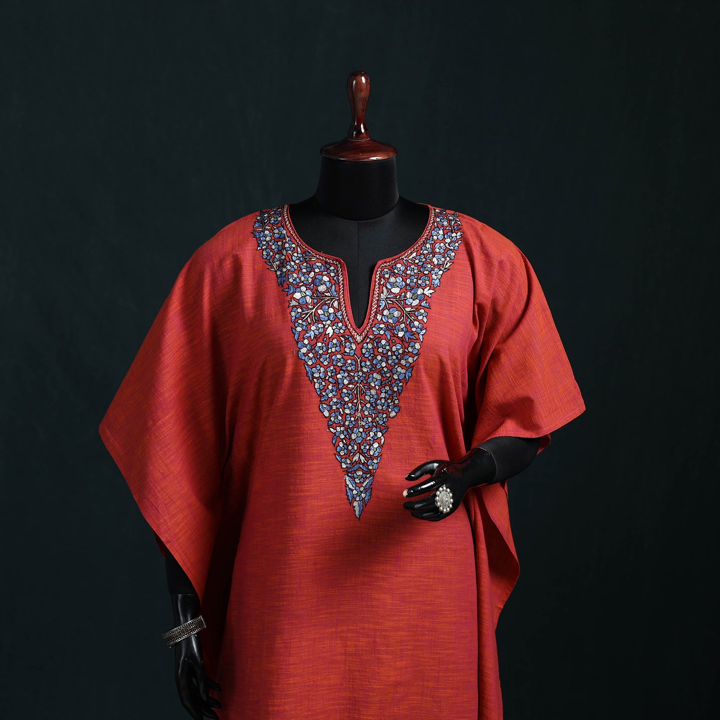 Red - Kashmiri Kashida Hand Embroidered Cotton Kaftan (Medium) 17
