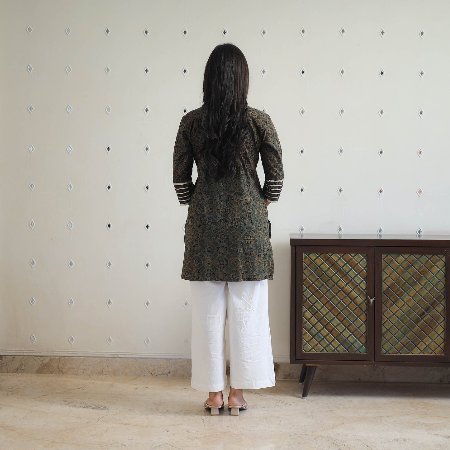 Green Block Print Cotton Gota Work Short Ajrakh Kurta for Women