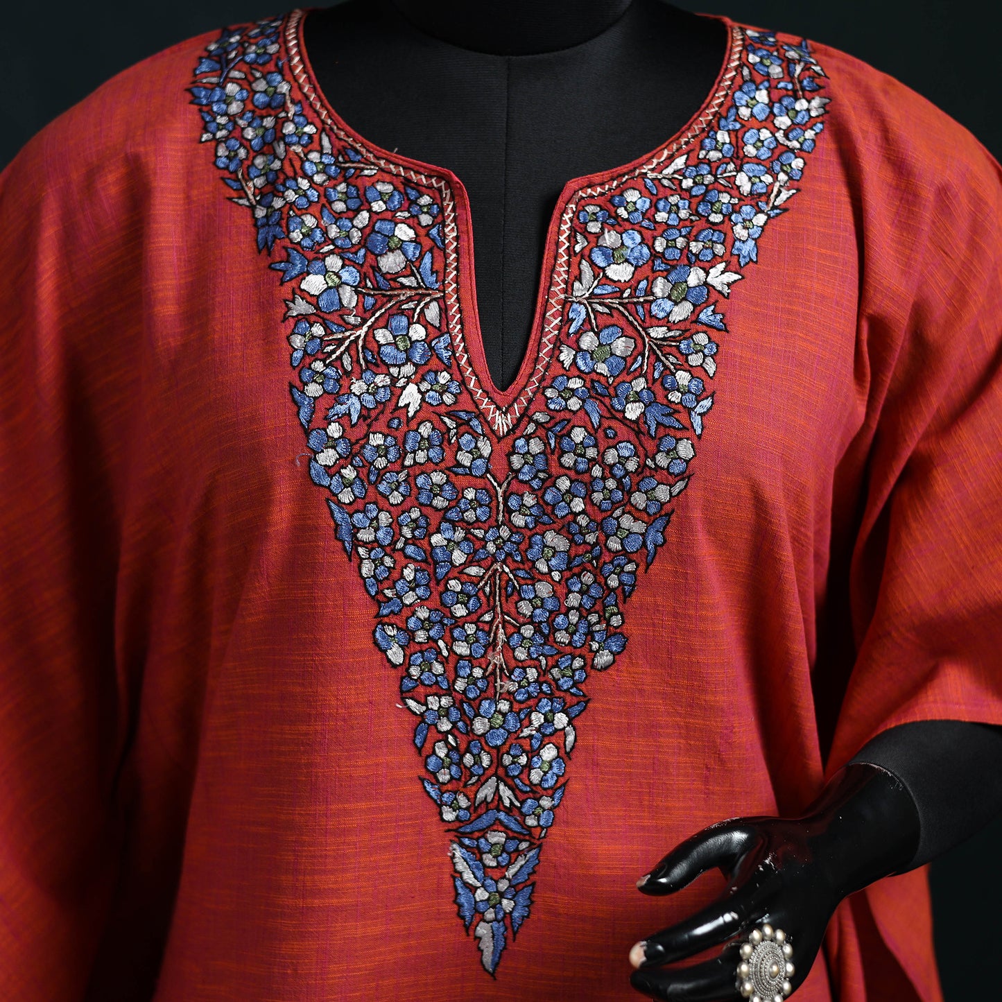 Red - Kashmiri Kashida Hand Embroidered Cotton Kaftan (Medium) 17